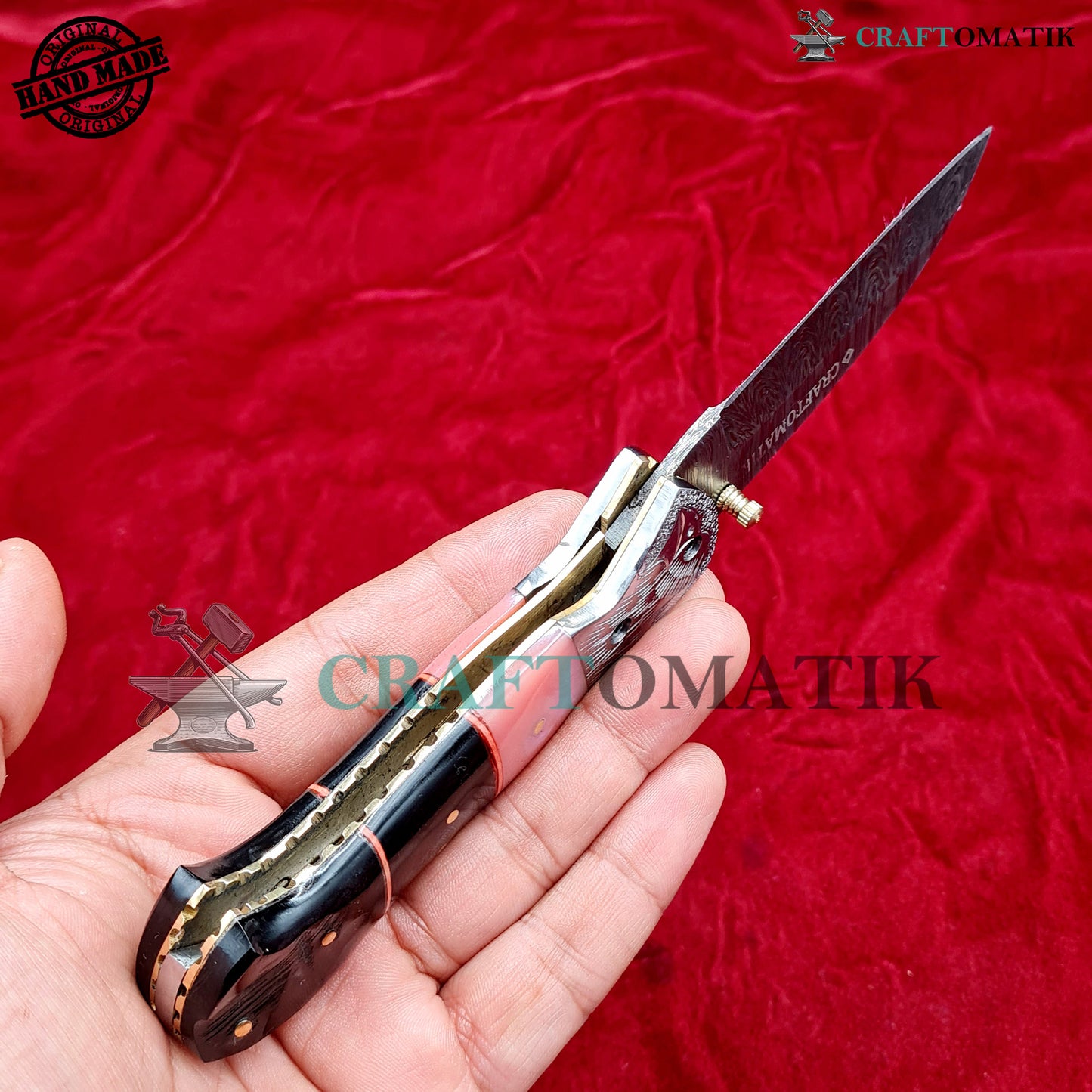 Eagle Damascus Folding Knife | Pocket Knife Jack Knife | Engraved Steel, Camel Bone, Buffalo Horn, Ram Horn, Brass Pins Grip | Handmade Damascus Outdoor Camping Knife | FK58
