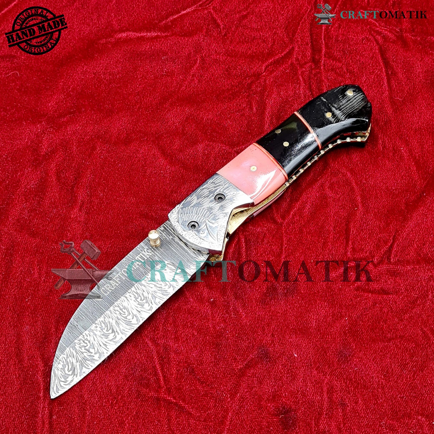 Eagle Damascus Folding Knife | Pocket Knife Jack Knife | Engraved Steel, Camel Bone, Buffalo Horn, Ram Horn, Brass Pins Grip | Handmade Damascus Outdoor Camping Knife | FK58