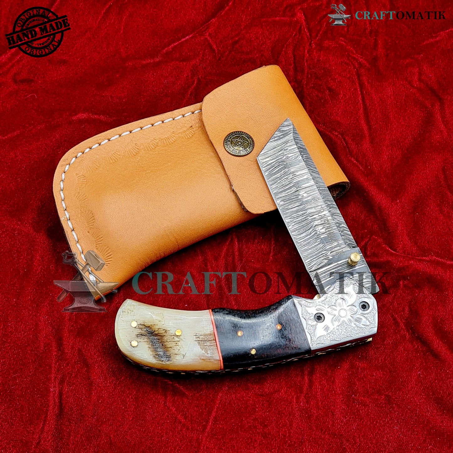 Damascus Folding Knife | Flower Engraved Pocket Knife Jack Knife | Micarta Resin, Ram Horn, Steel, Brass Pins Grip | Handmade Damascus Outdoor Camping Knife | FK59