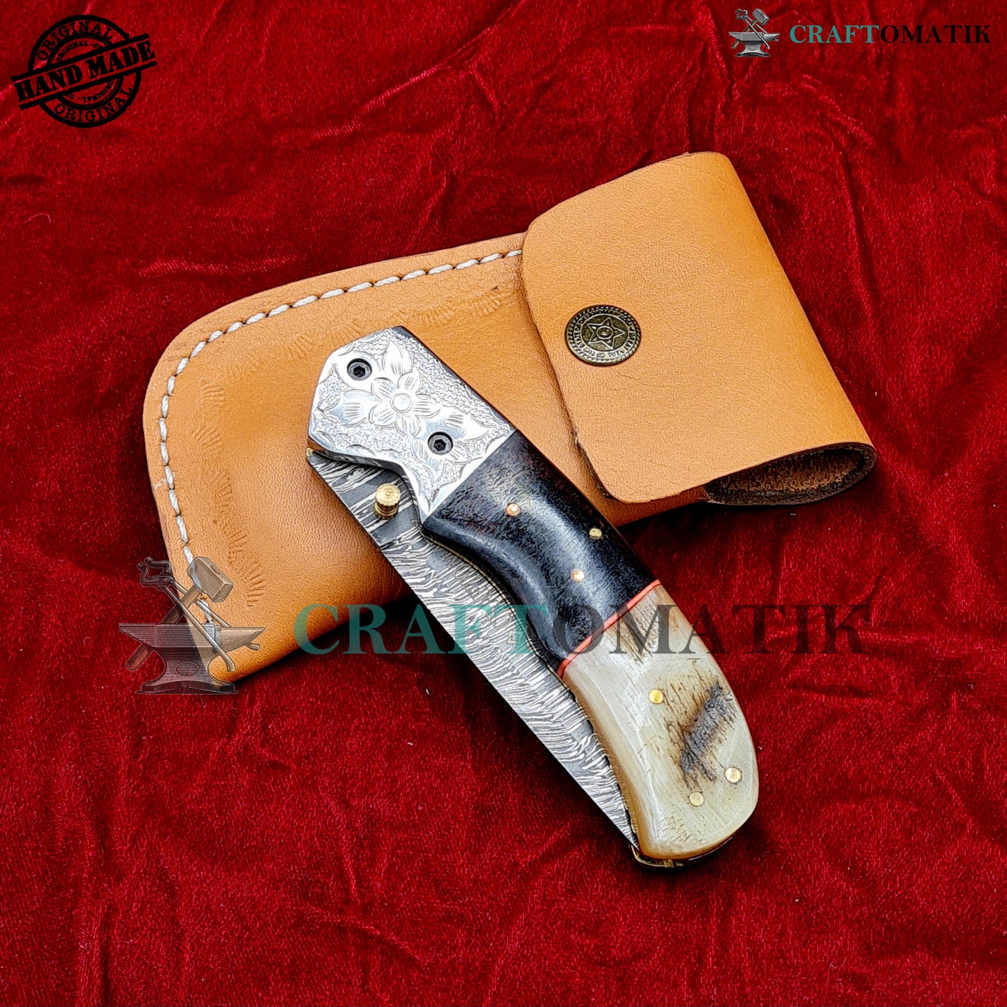 Damascus Folding Knife | Flower Engraved Pocket Knife Jack Knife | Micarta Resin, Ram Horn, Steel, Brass Pins Grip | Handmade Damascus Outdoor Camping Knife | FK59