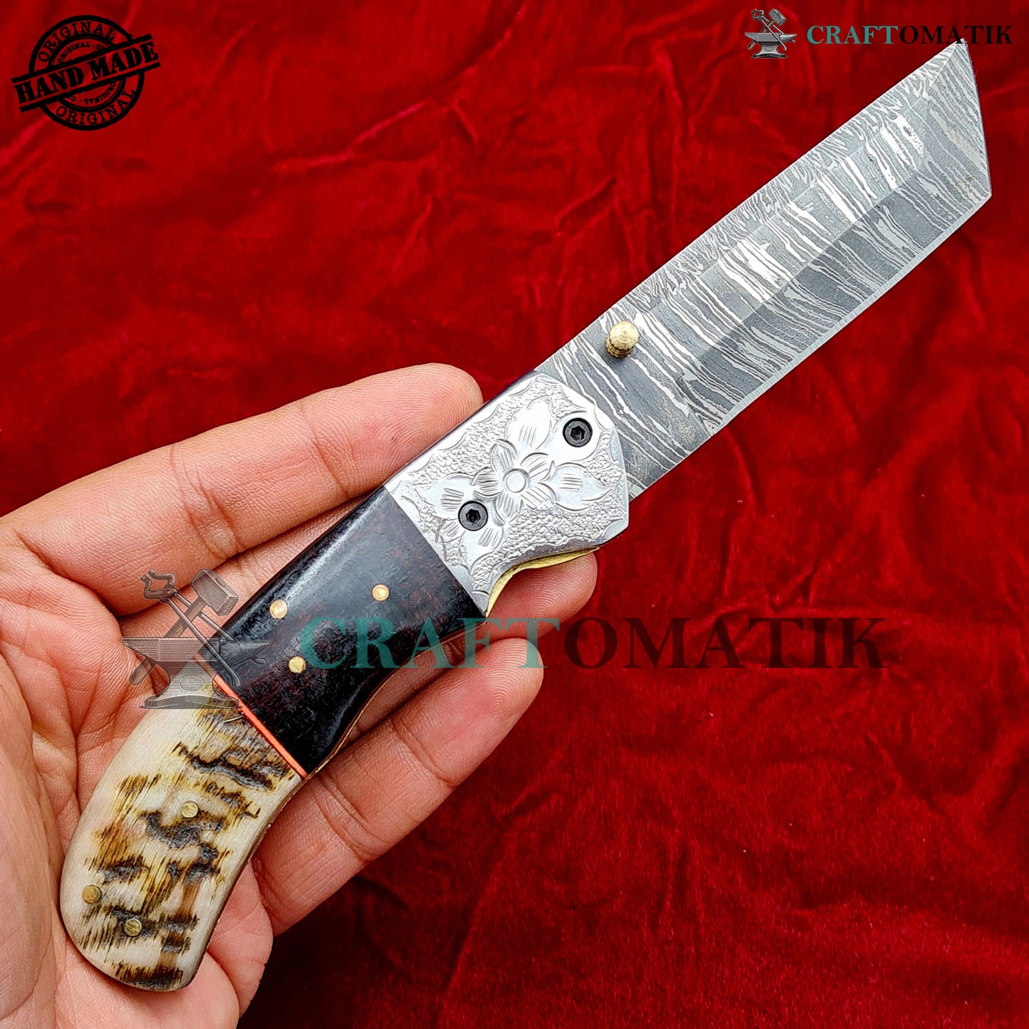 Damascus Folding Knife | Flower Engraved Pocket Knife Jack Knife | Micarta Resin, Ram Horn, Steel, Brass Pins Grip | Handmade Damascus Outdoor Camping Knife | FK59