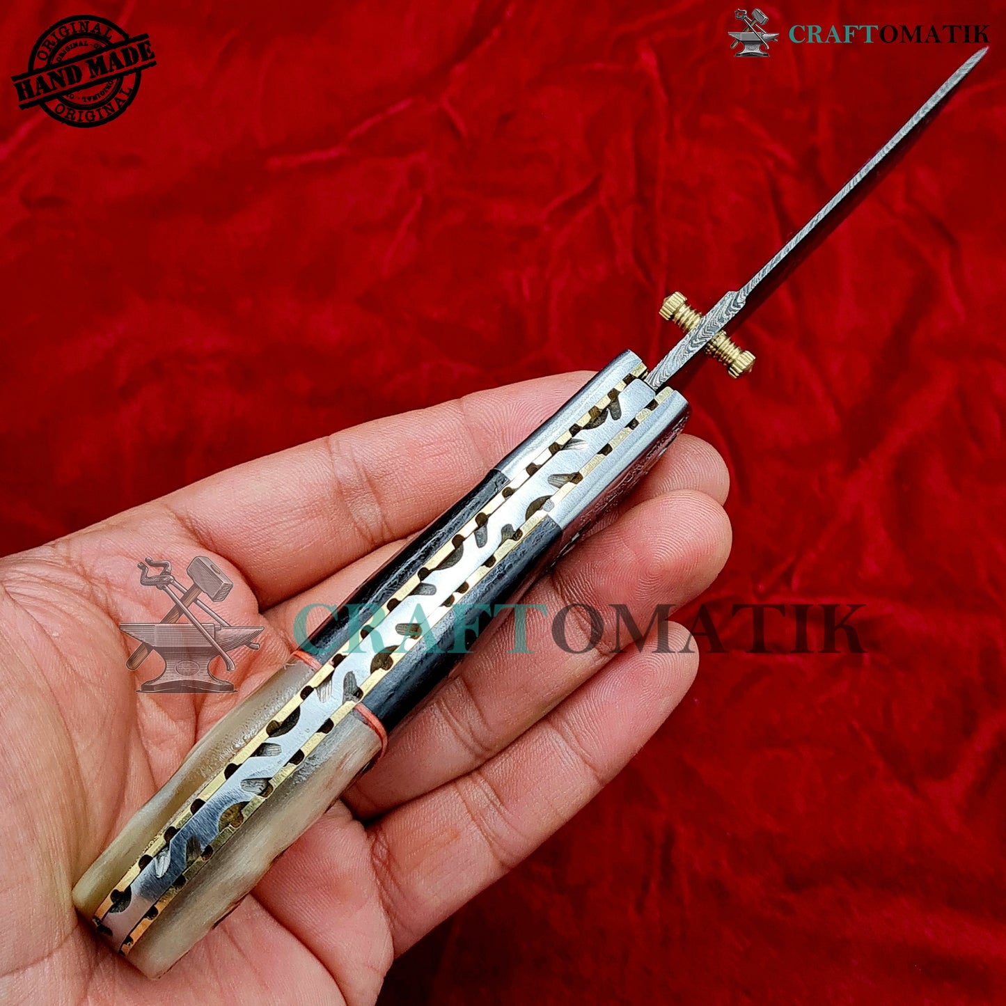 Damascus Folding Knife | Flower Engraved Pocket Knife Jack Knife | Micarta Resin, Ram Horn, Steel, Brass Pins Grip | Handmade Damascus Outdoor Camping Knife | FK59