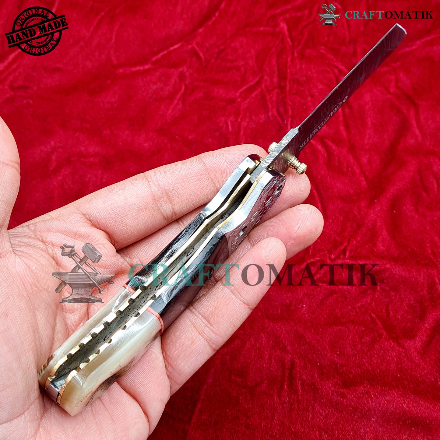 Damascus Folding Knife | Flower Engraved Pocket Knife Jack Knife | Micarta Resin, Ram Horn, Steel, Brass Pins Grip | Handmade Damascus Outdoor Camping Knife | FK59
