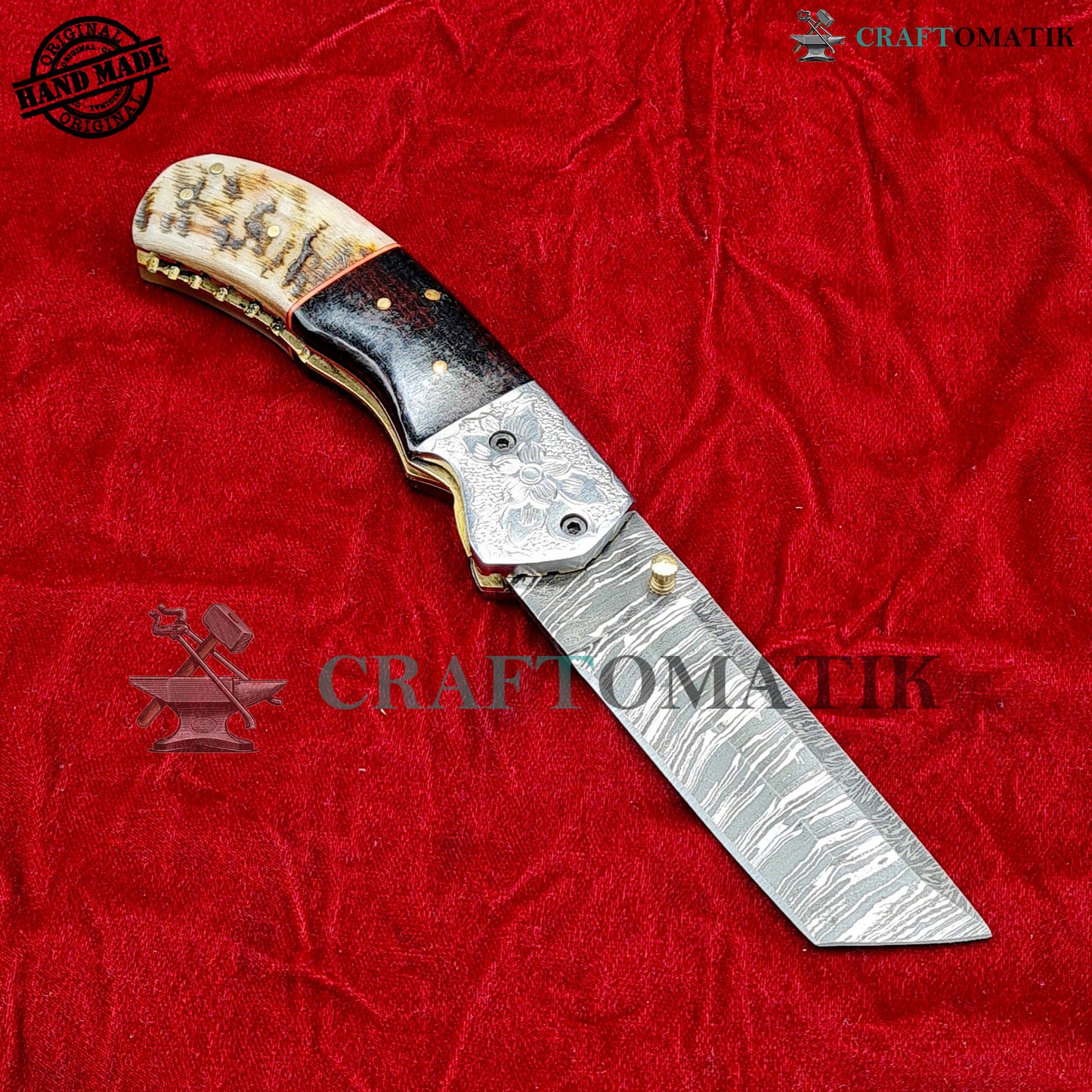 Damascus Folding Knife | Flower Engraved Pocket Knife Jack Knife | Micarta Resin, Ram Horn, Steel, Brass Pins Grip | Handmade Damascus Outdoor Camping Knife | FK59