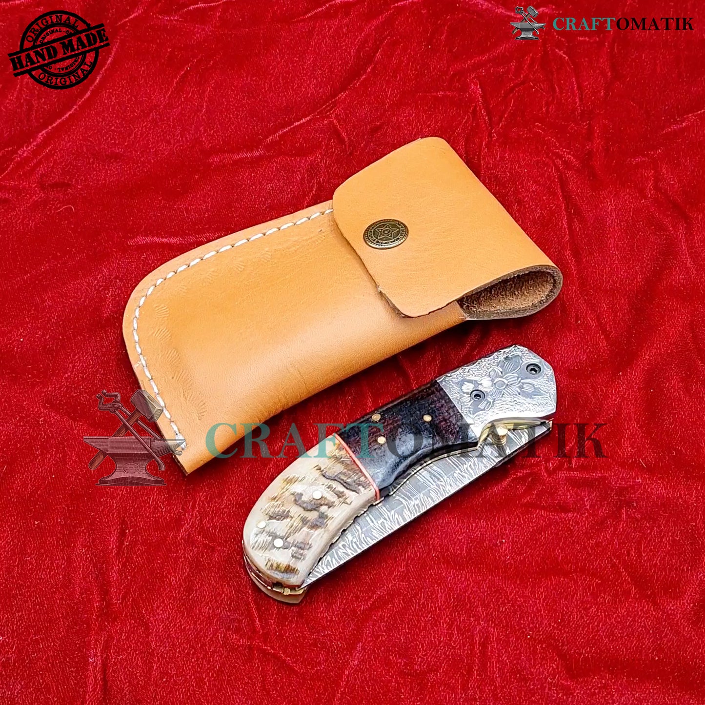 Damascus Folding Knife | Flower Engraved Pocket Knife Jack Knife | Micarta Resin, Ram Horn, Steel, Brass Pins Grip | Handmade Damascus Outdoor Camping Knife | FK59