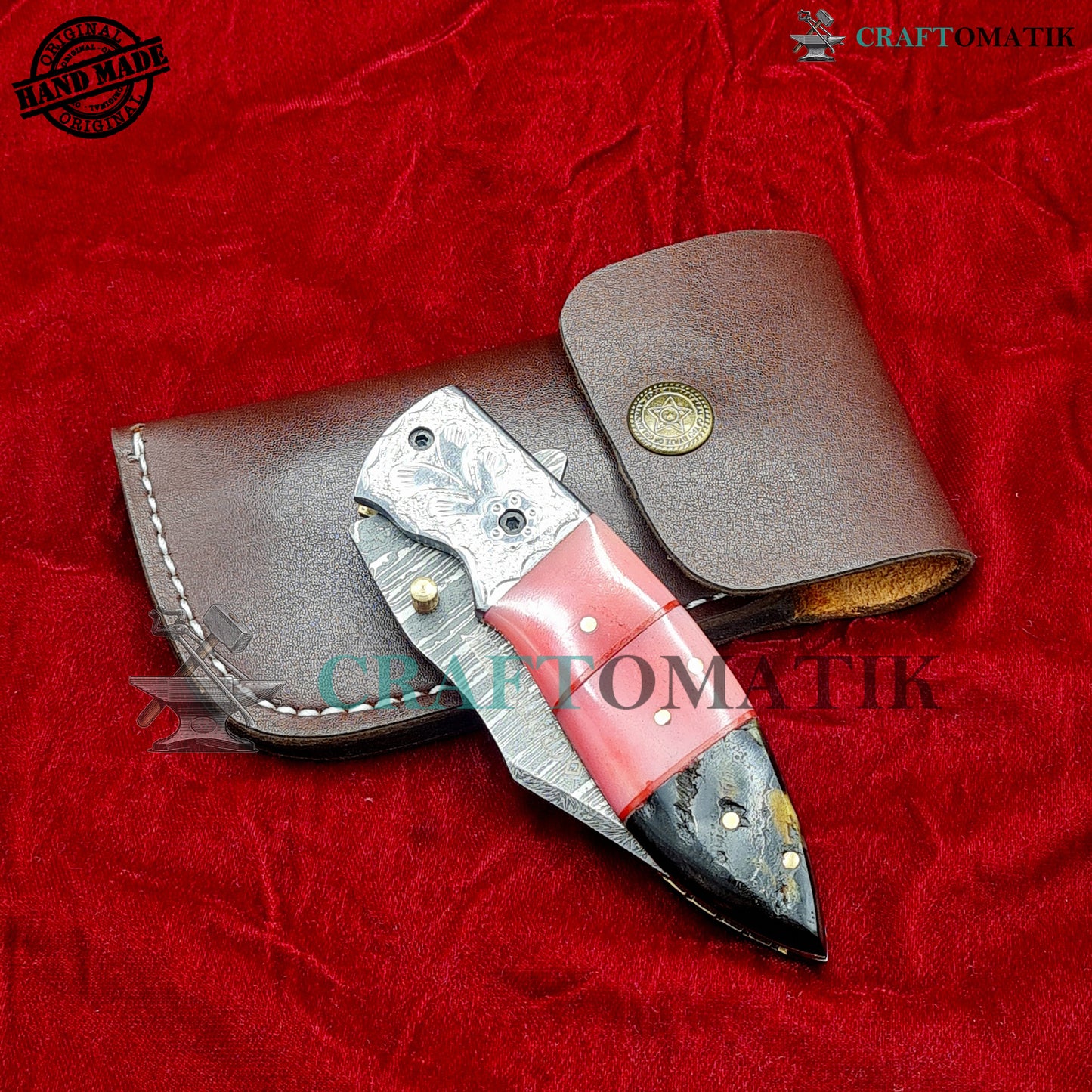 Damascus Folding Knife | Flower Engraved Pocket Knife Jack Knife | Camel Bone, Ram Horn, Steel, Brass Pins Grip | Handmade Damascus Outdoor Camping Knife | FK60