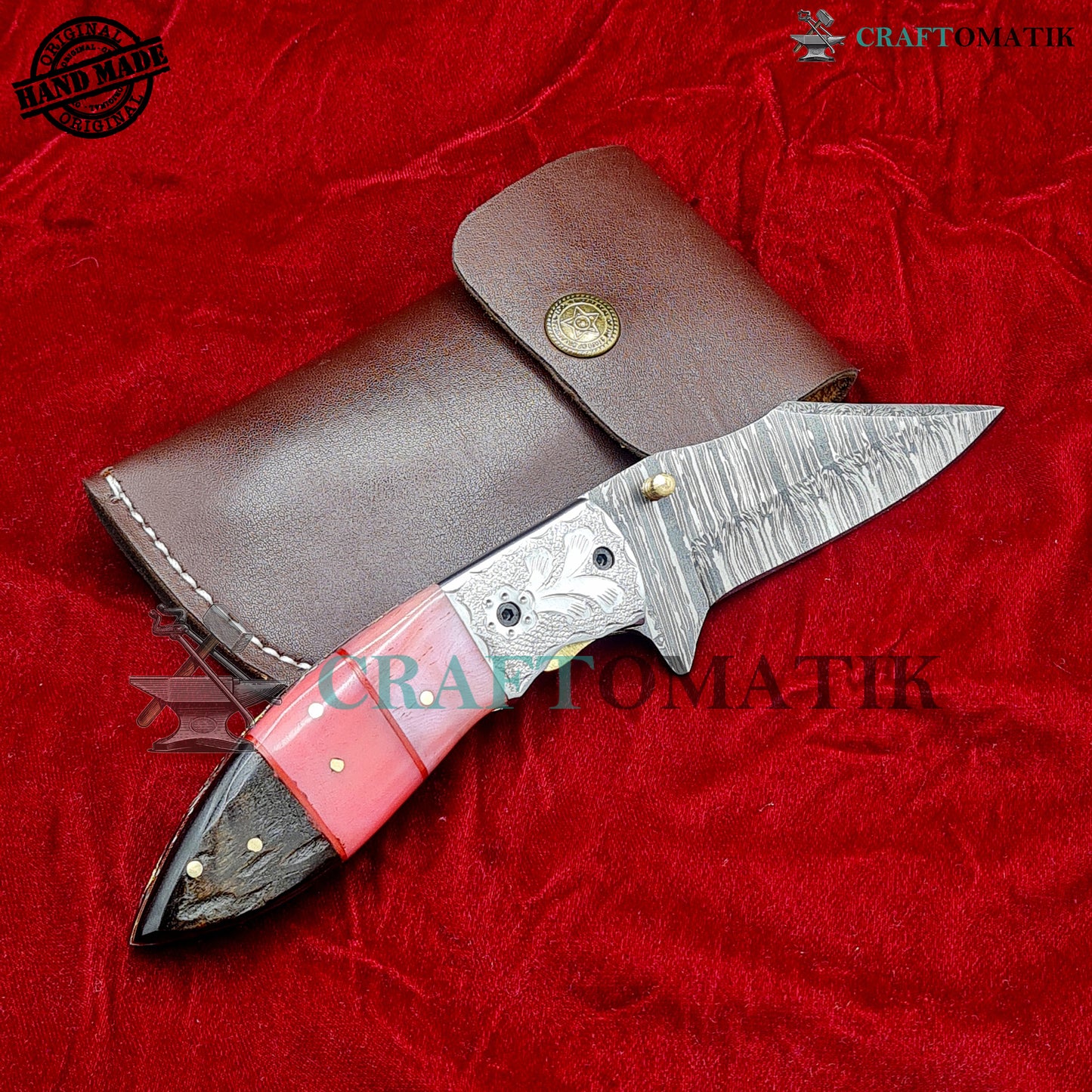 Damascus Folding Knife | Flower Engraved Pocket Knife Jack Knife | Camel Bone, Ram Horn, Steel, Brass Pins Grip | Handmade Damascus Outdoor Camping Knife | FK60