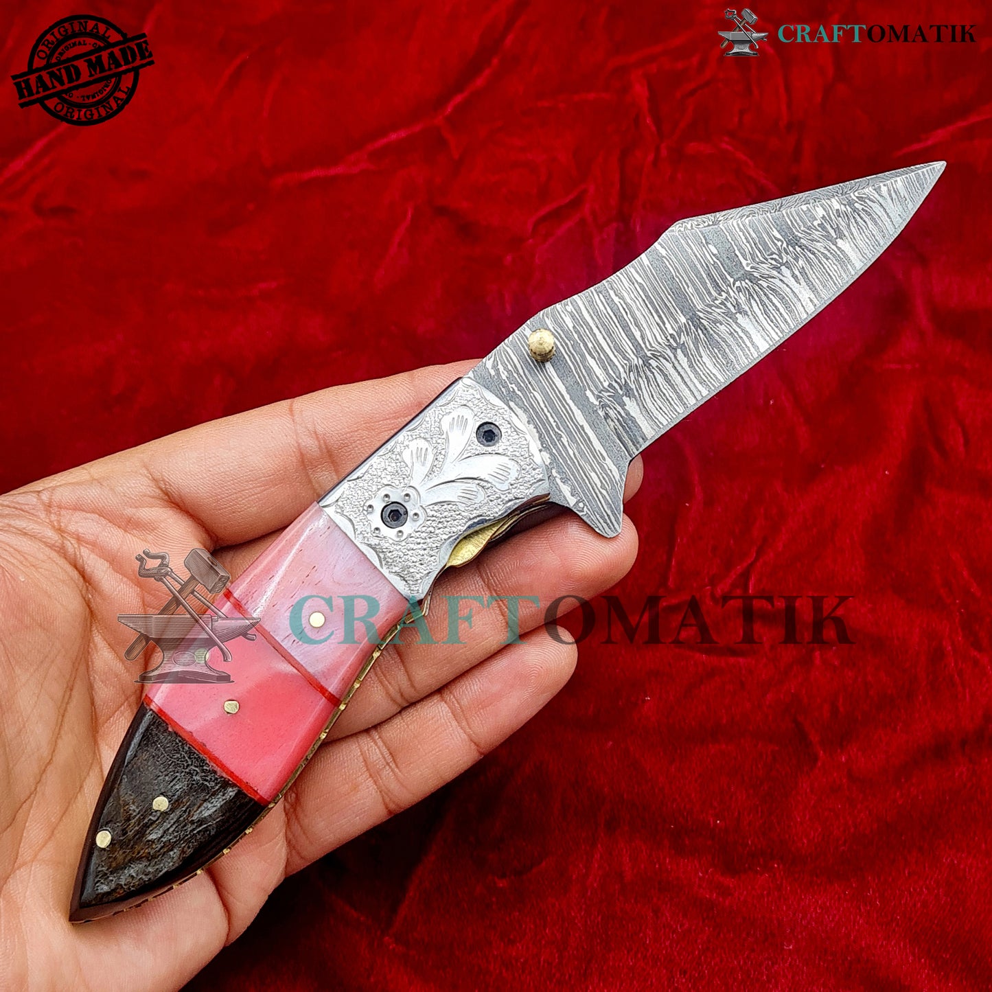 Damascus Folding Knife | Flower Engraved Pocket Knife Jack Knife | Camel Bone, Ram Horn, Steel, Brass Pins Grip | Handmade Damascus Outdoor Camping Knife | FK60