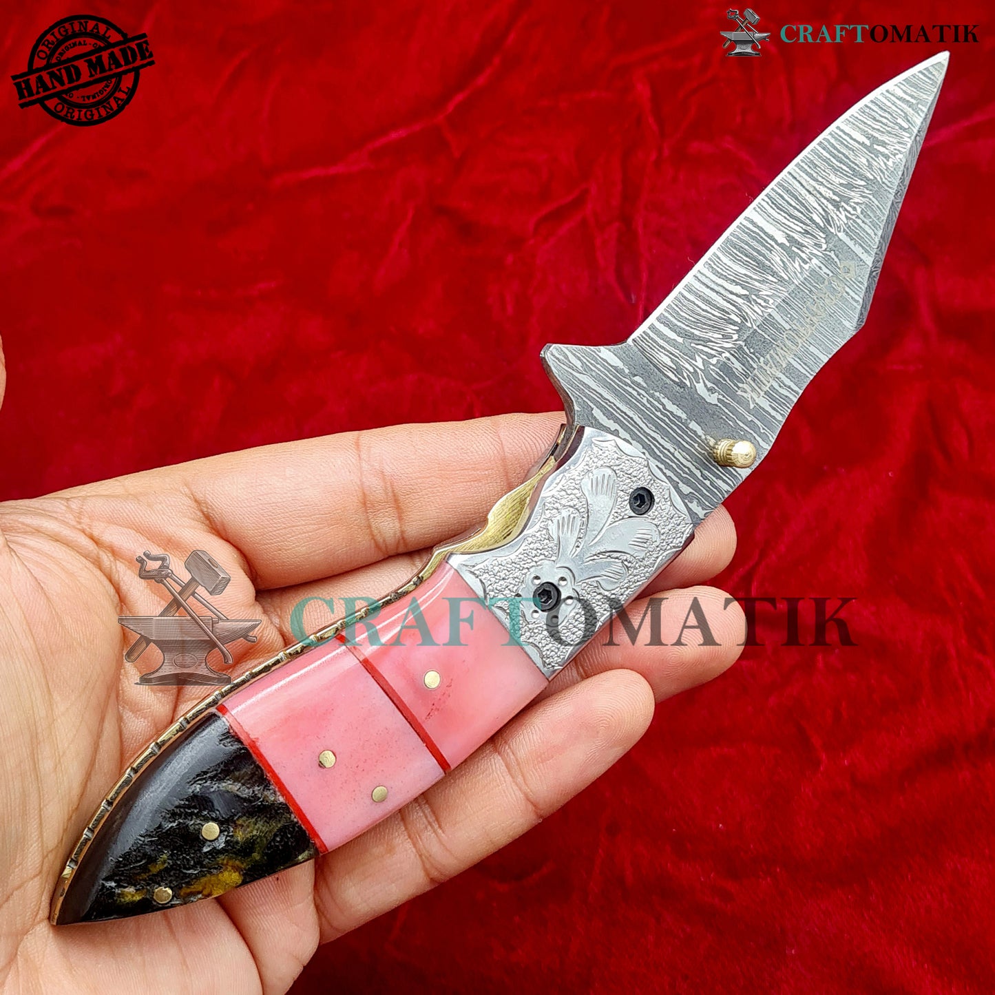 Damascus Folding Knife | Flower Engraved Pocket Knife Jack Knife | Camel Bone, Ram Horn, Steel, Brass Pins Grip | Handmade Damascus Outdoor Camping Knife | FK60