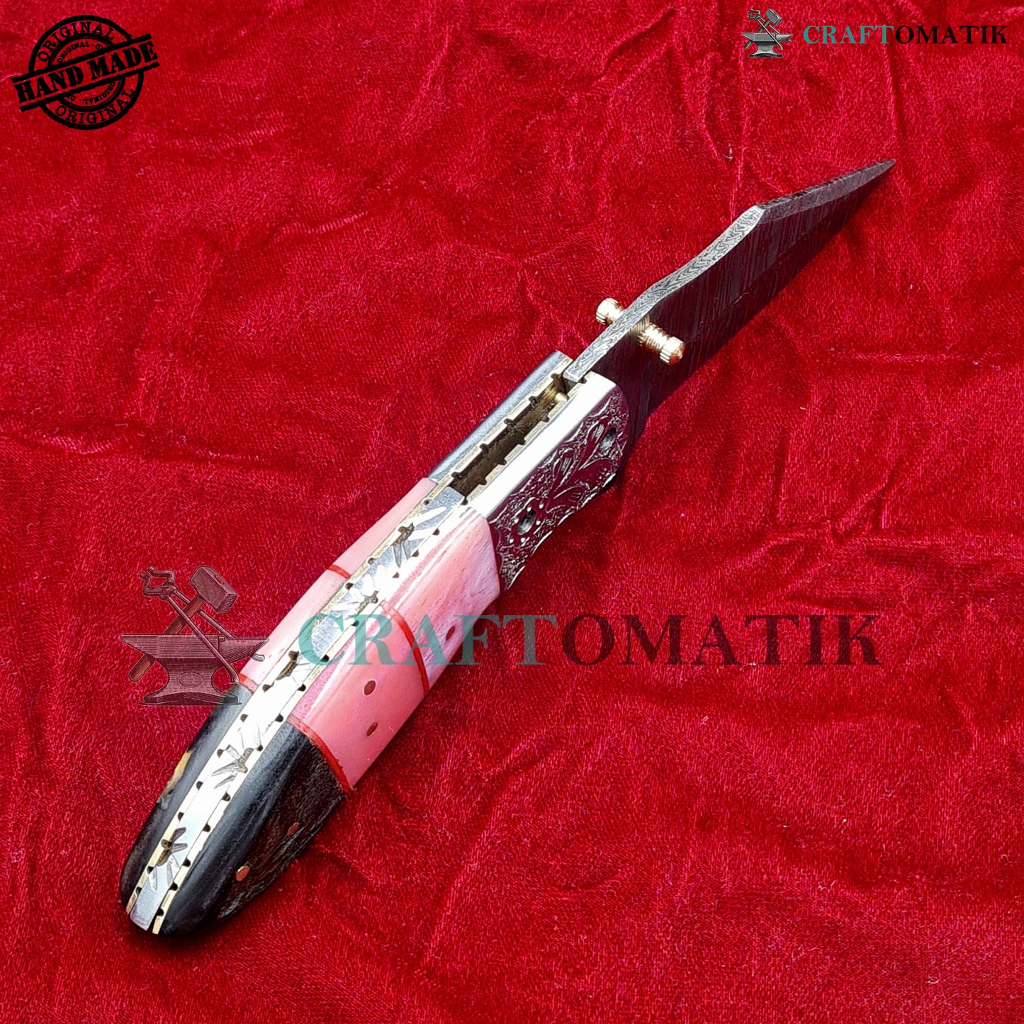 Damascus Folding Knife | Flower Engraved Pocket Knife Jack Knife | Camel Bone, Ram Horn, Steel, Brass Pins Grip | Handmade Damascus Outdoor Camping Knife | FK60