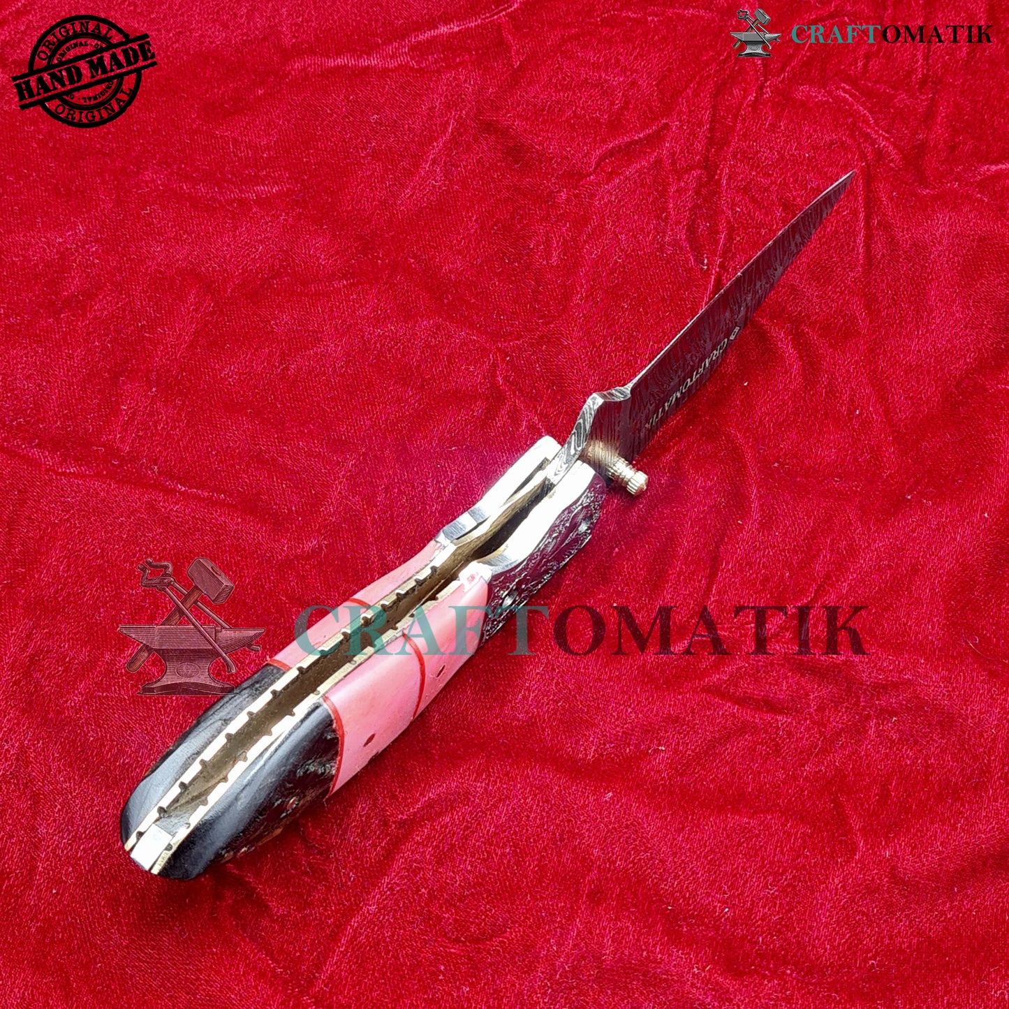 Damascus Folding Knife | Flower Engraved Pocket Knife Jack Knife | Camel Bone, Ram Horn, Steel, Brass Pins Grip | Handmade Damascus Outdoor Camping Knife | FK60