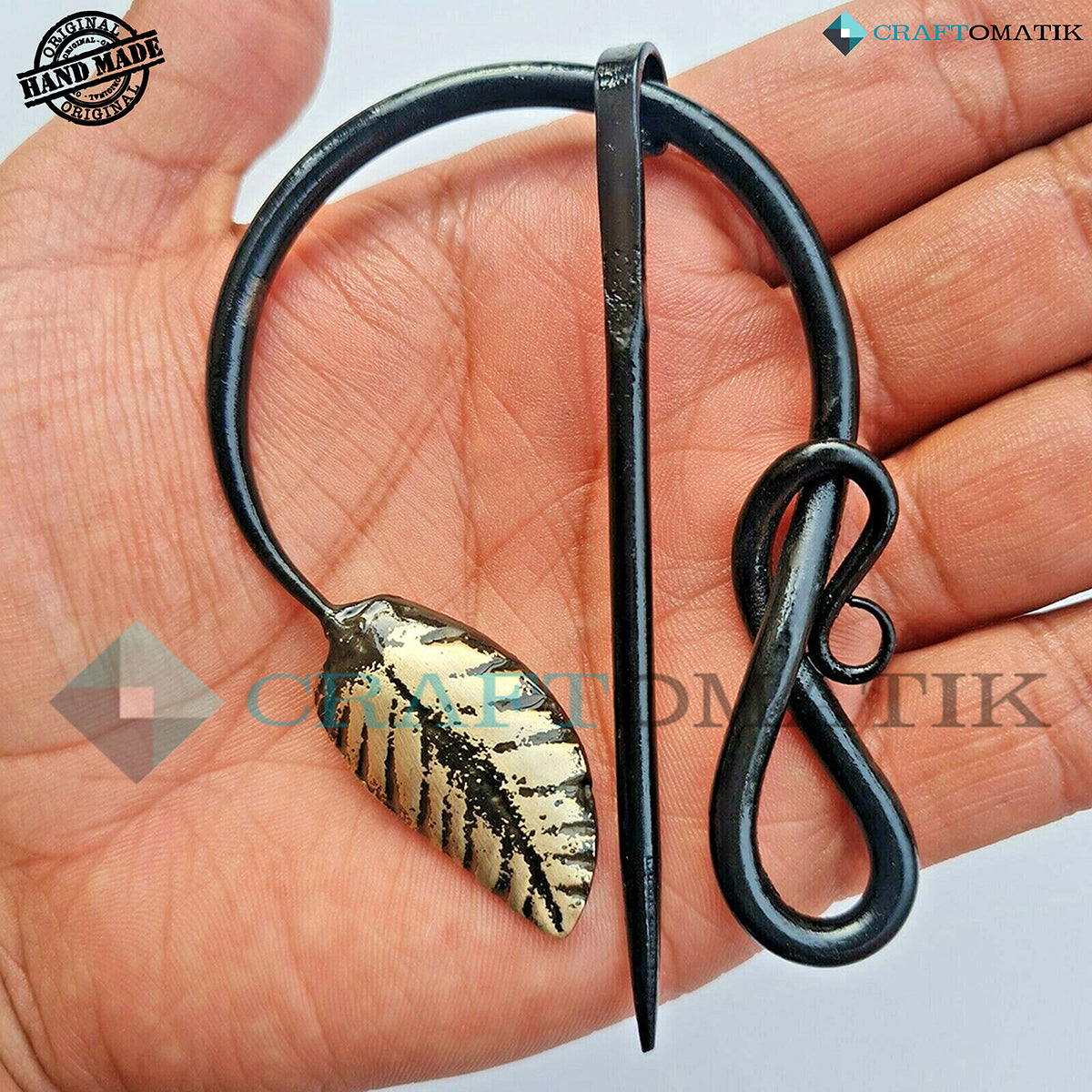 Mittelalterliche Brosche | Schmiedeeiserner Ring und Nadel, Messingblatt | Handgefertigte Wikinger LARP Fibelringverschluss-Kleidungsnadel | HFRC17