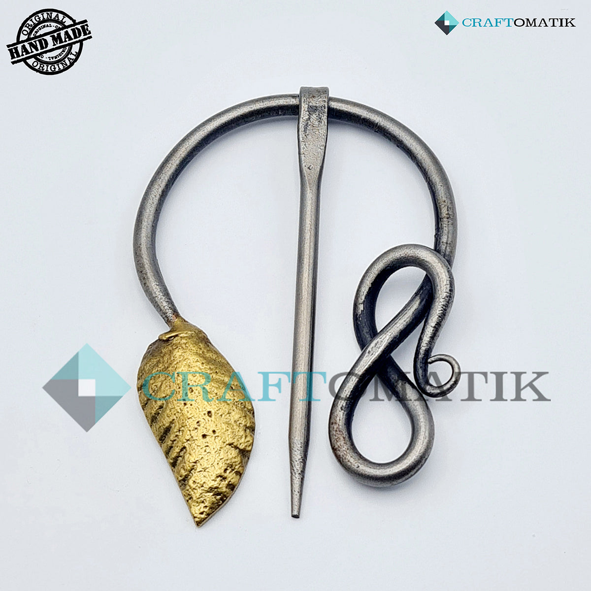 Medieval Brooch | Steel Ring and Needle, Brass Leaf | Handmade Viking LARP Fibula Ring Clasp Garment Pin | HFRC17x