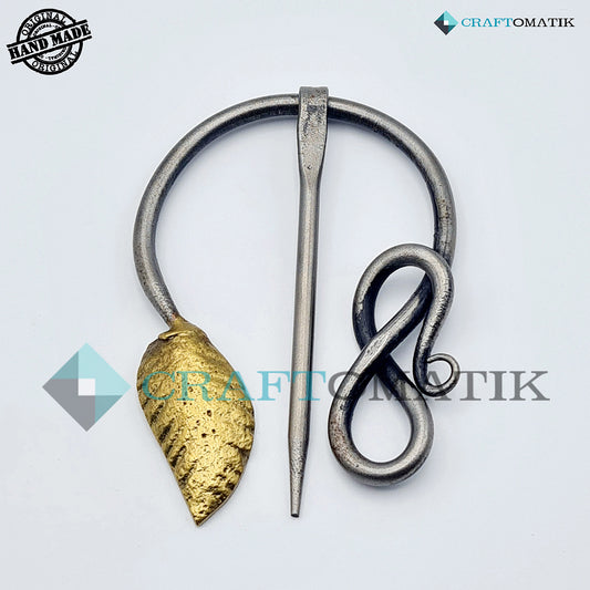 Medieval Brooch | Steel Ring and Needle, Brass Leaf | Handmade Viking LARP Fibula Ring Clasp Garment Pin | HFRC17x