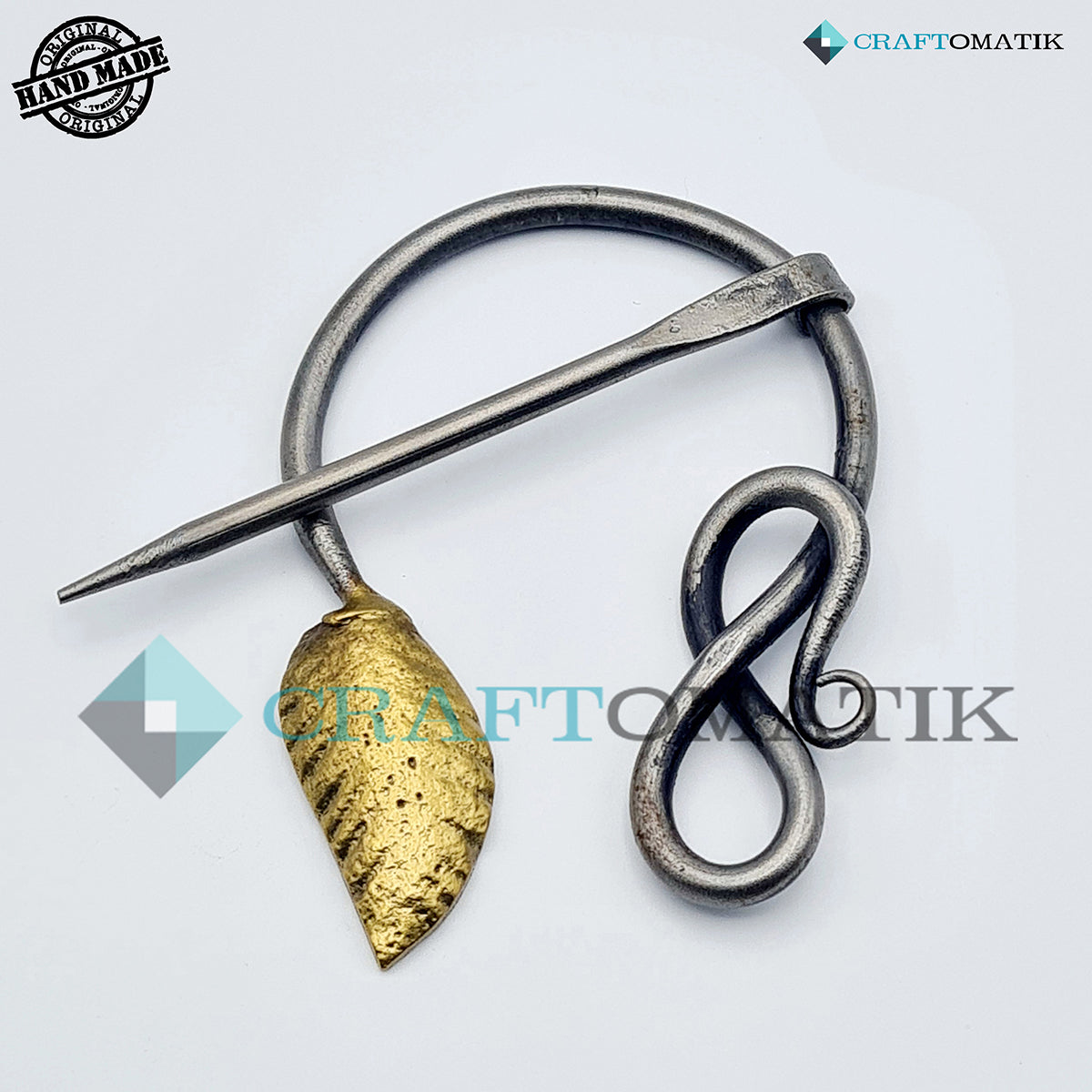 Medieval Brooch | Steel Ring and Needle, Brass Leaf | Handmade Viking LARP Fibula Ring Clasp Garment Pin | HFRC17x
