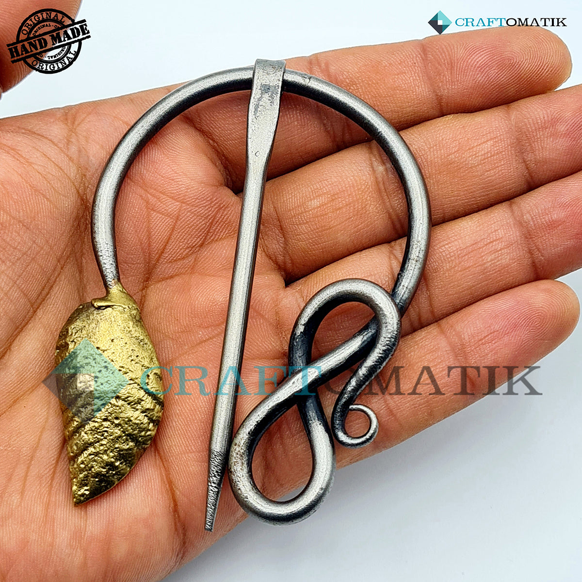 Medieval Brooch | Steel Ring and Needle, Brass Leaf | Handmade Viking LARP Fibula Ring Clasp Garment Pin | HFRC17x