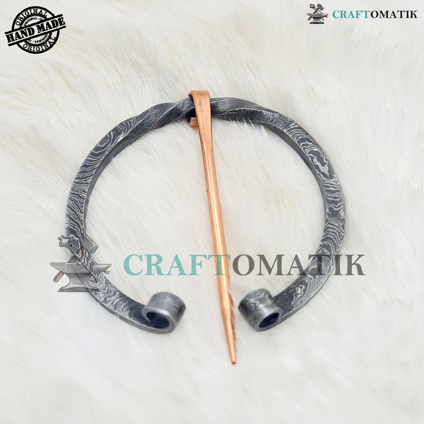 Mittelalterliche Damaszener Brosche | Ring aus Damaszener Stahl | Messingnadel | Handgefertigte Wikinger LARP-Fibel mit Ringverschluss | HFRCD01