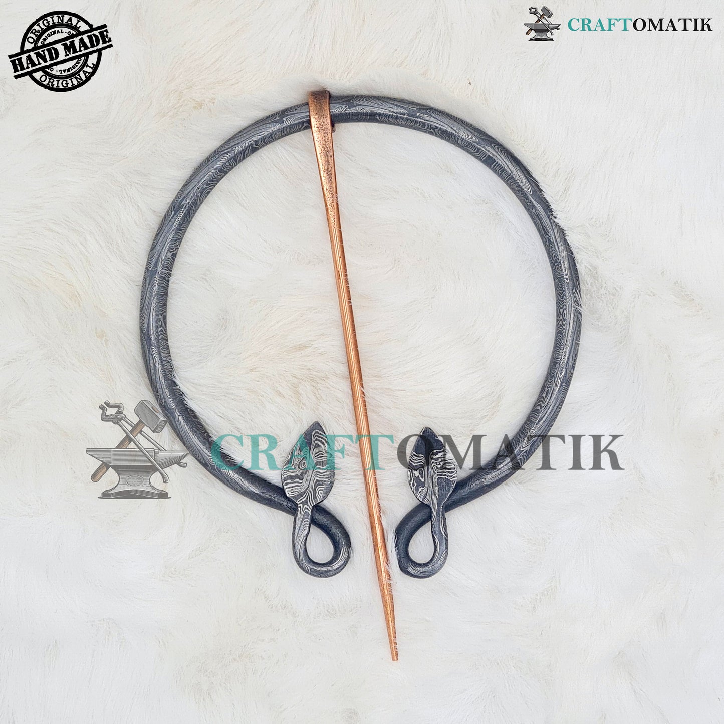 Damascus Medieval Brooch | Damascus Steel Ring | Brass Needle | Handmade Viking LARP Fibula Ring Clasp Garment Pin | HFRCD02