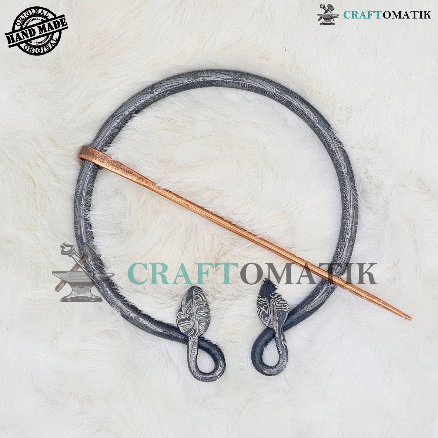 Damascus Medieval Brooch | Damascus Steel Ring | Brass Needle | Handmade Viking LARP Fibula Ring Clasp Garment Pin | HFRCD02