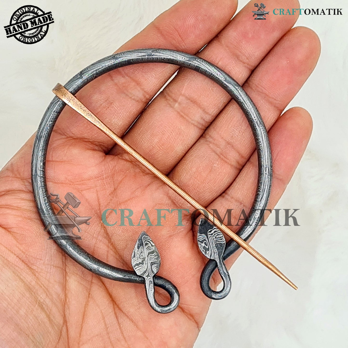 Damascus Medieval Brooch | Damascus Steel Ring | Brass Needle | Handmade Viking LARP Fibula Ring Clasp Garment Pin | HFRCD02