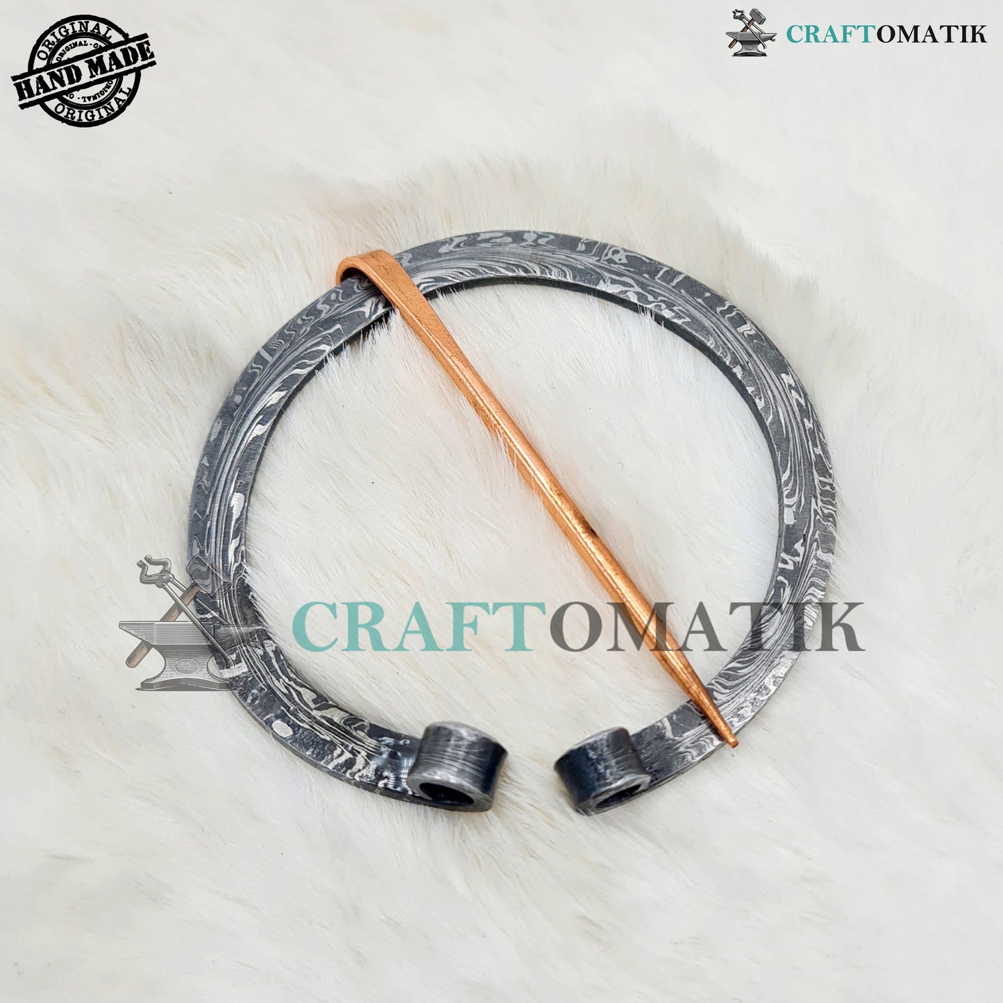 Damascus Medieval Brooch | Damascus Steel Ring | Brass Needle | Handmade Viking LARP Fibula Ring Clasp Garment Pin | HFRCD03