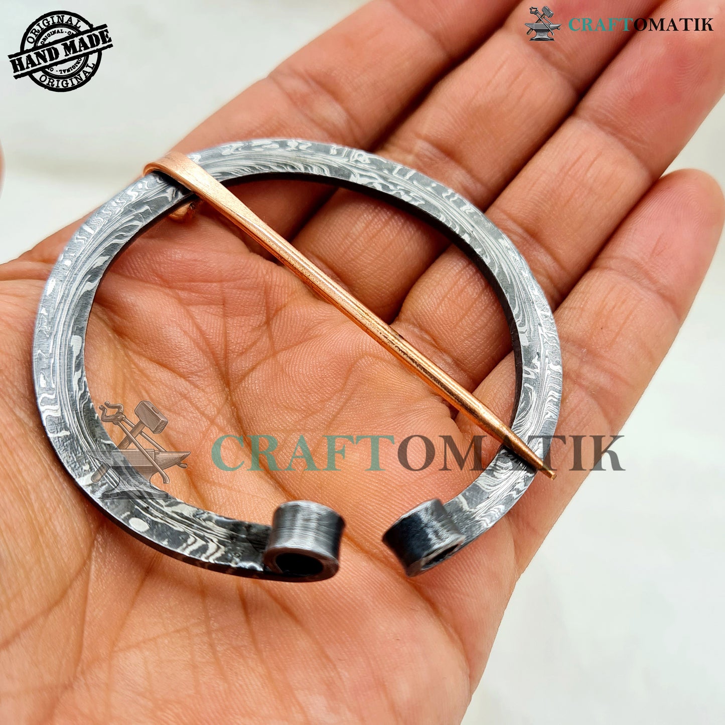Damascus Medieval Brooch | Damascus Steel Ring | Brass Needle | Handmade Viking LARP Fibula Ring Clasp Garment Pin | HFRCD03