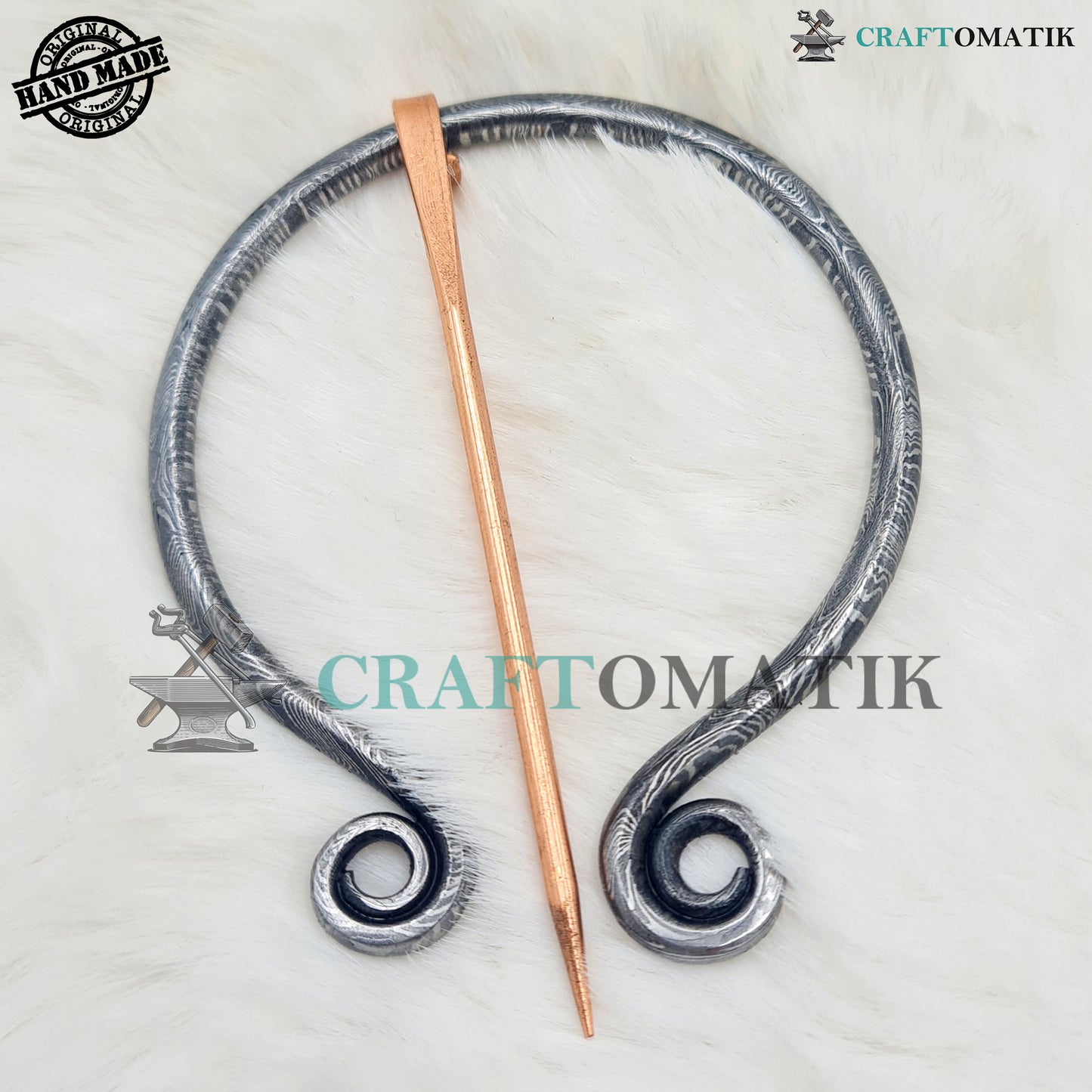 Damascus Medieval Brooch | Damascus Steel Ring | Brass Needle | Handmade Viking LARP Fibula Ring Clasp Garment Pin | HFRCD04