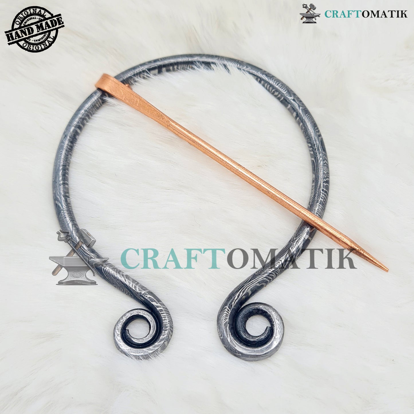 Damascus Medieval Brooch | Damascus Steel Ring | Brass Needle | Handmade Viking LARP Fibula Ring Clasp Garment Pin | HFRCD04