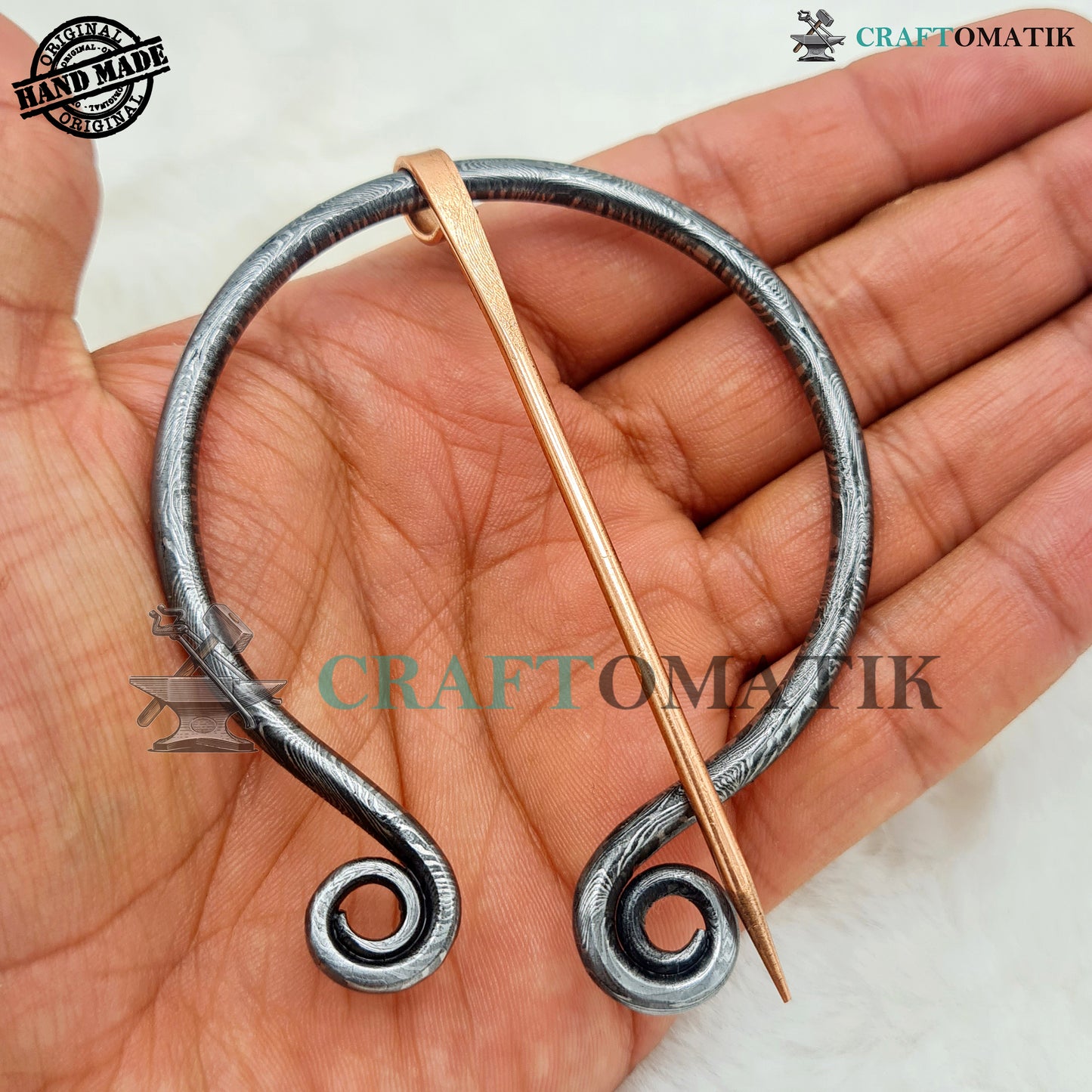 Damascus Medieval Brooch | Damascus Steel Ring | Brass Needle | Handmade Viking LARP Fibula Ring Clasp Garment Pin | HFRCD04