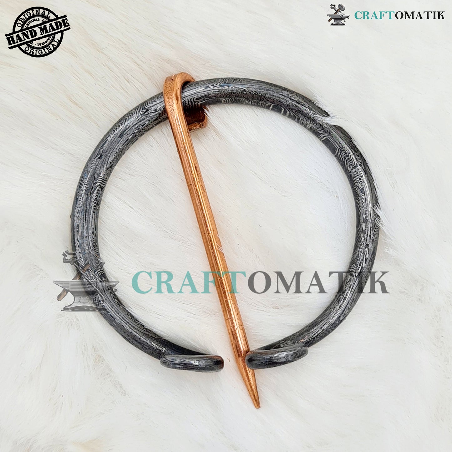 Mittelalterliche Damaszener Brosche | Ring aus Damaszener Stahl | Messingnadel | Handgefertigte Wikinger LARP-Fibel mit Ringverschluss | HFRCD05