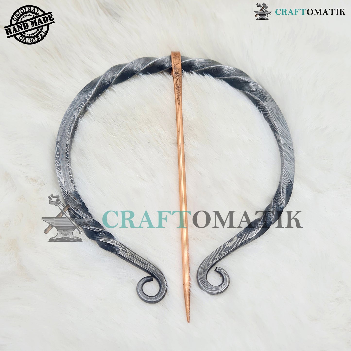 Damascus Medieval Brooch | Damascus Steel Ring | Brass Needle | Handmade Viking LARP Fibula Ring Clasp Garment Pin | HFRCD07