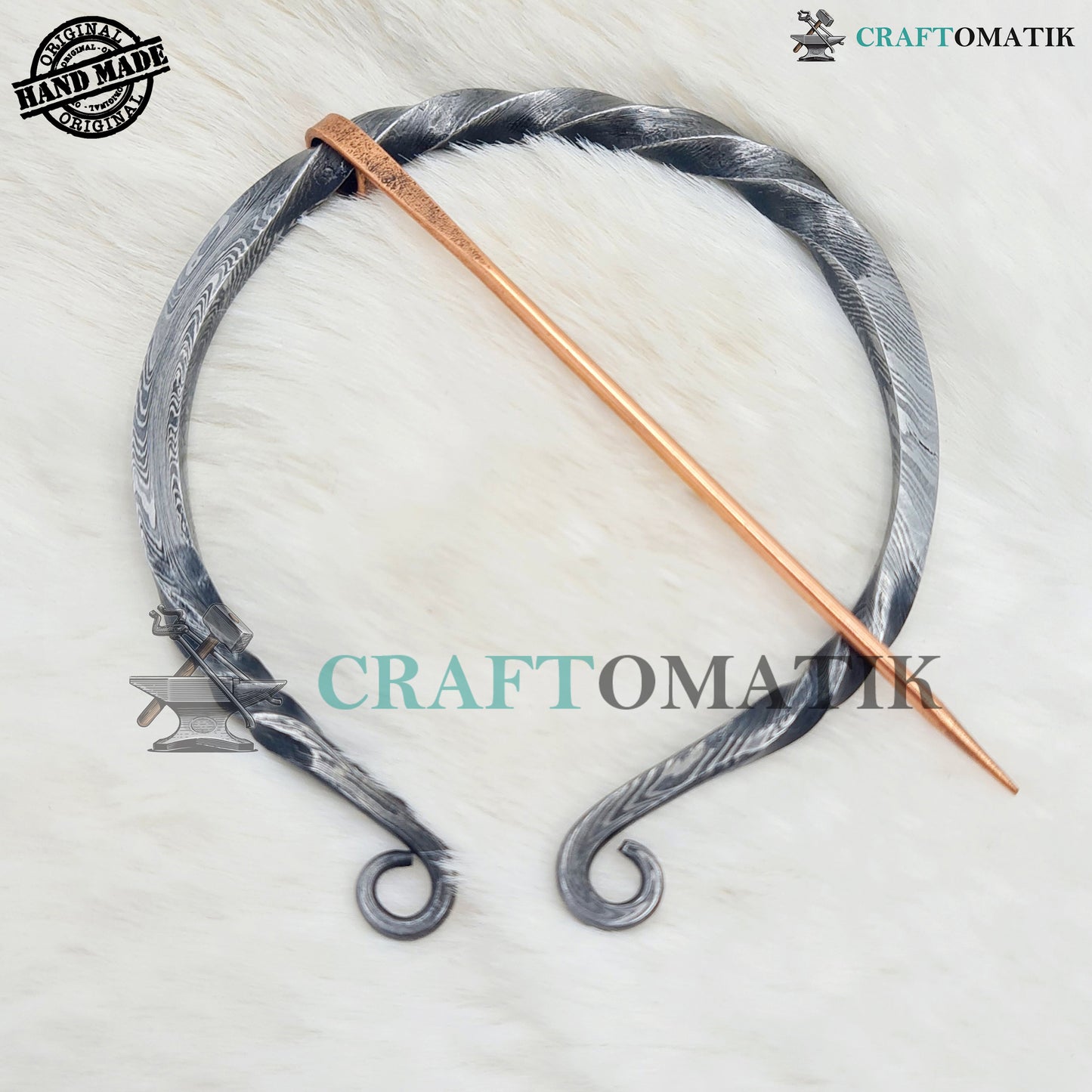 Damascus Medieval Brooch | Damascus Steel Ring | Brass Needle | Handmade Viking LARP Fibula Ring Clasp Garment Pin | HFRCD07