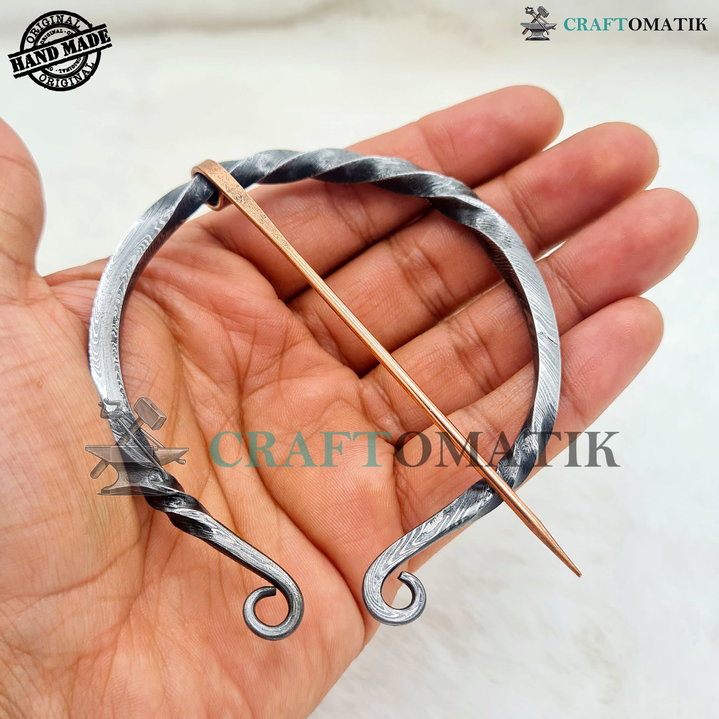 Damascus Medieval Brooch | Damascus Steel Ring | Brass Needle | Handmade Viking LARP Fibula Ring Clasp Garment Pin | HFRCD07