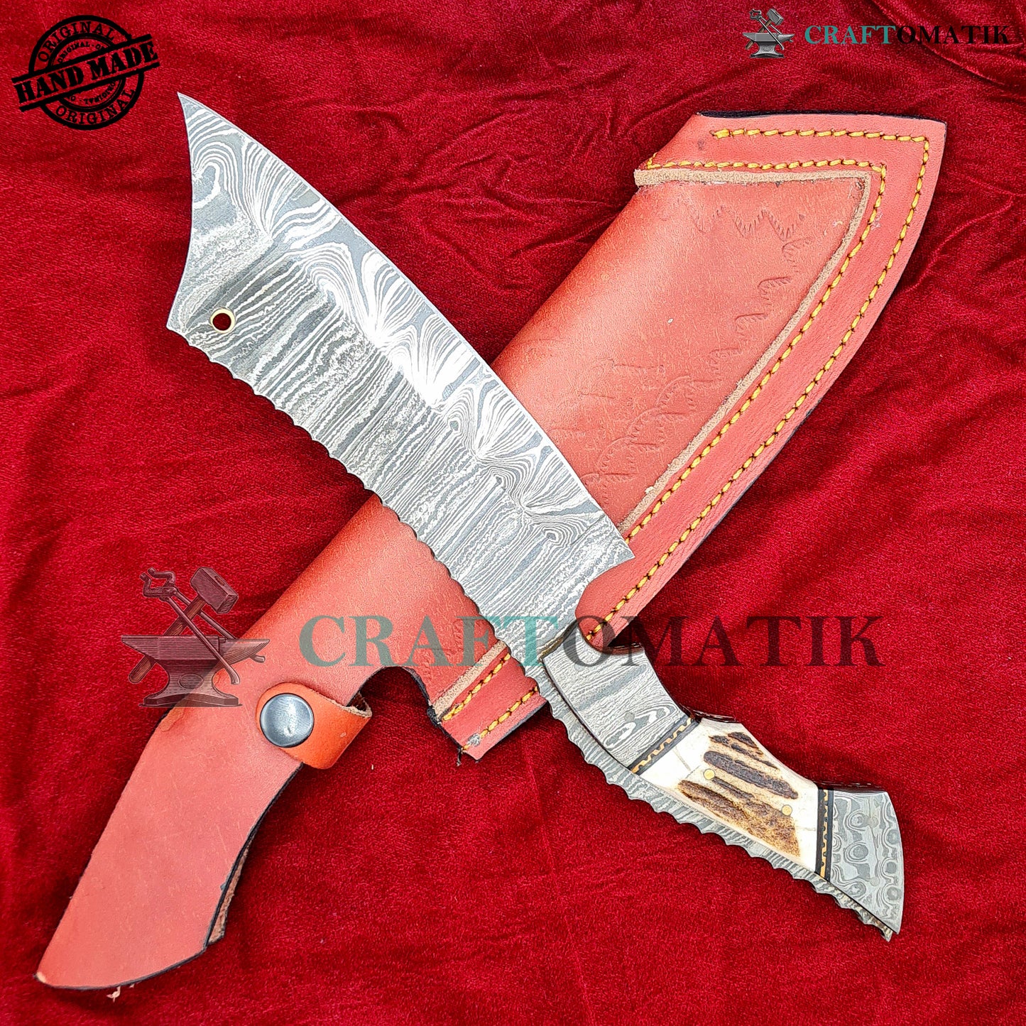 Damascus Steel Cleaver | Kitchen Chef Cleaver | Handmade Butcher Meat Cleaver | Deer Horn Grip | KC05