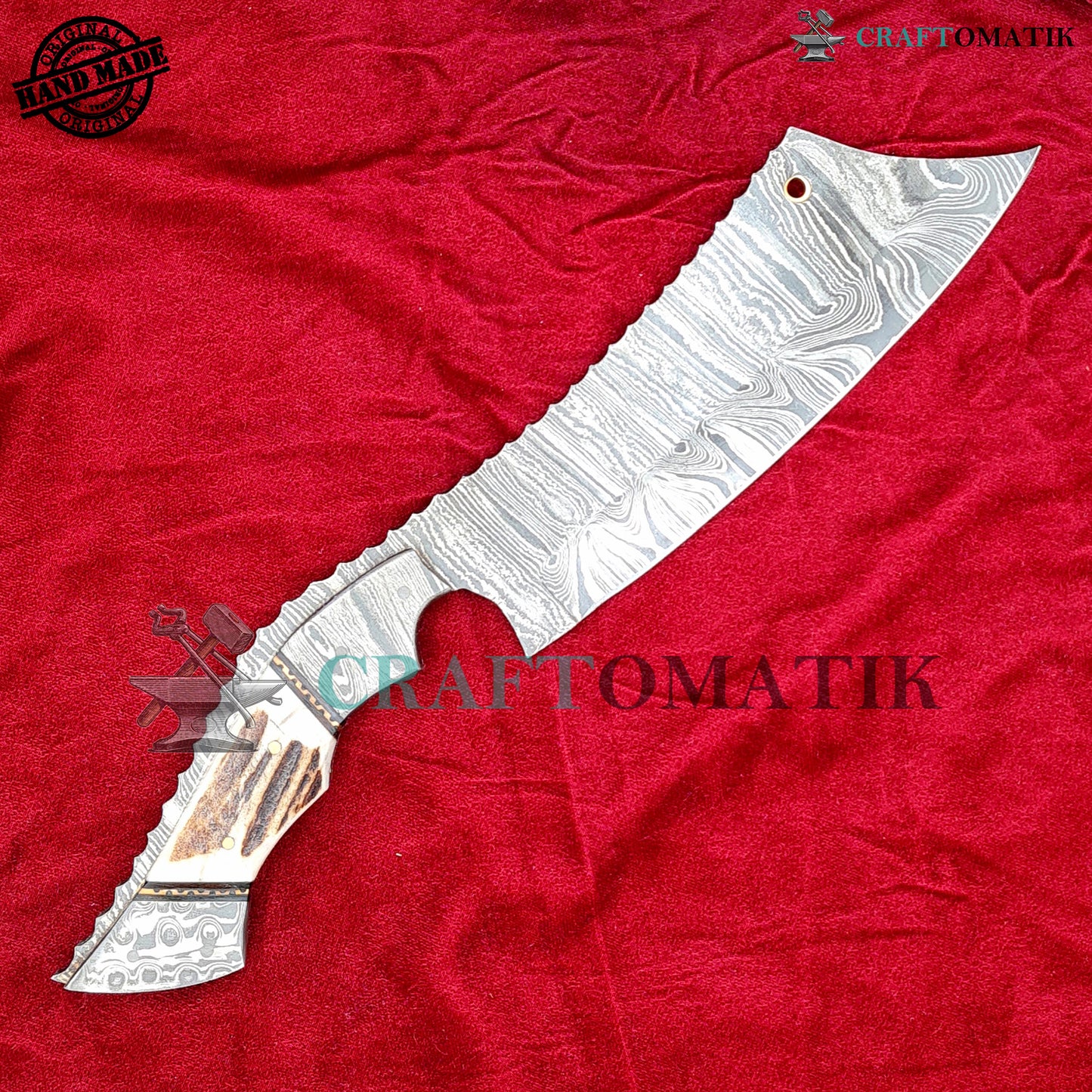 Damascus Steel Cleaver | Kitchen Chef Cleaver | Handmade Butcher Meat Cleaver | Deer Horn Grip | KC05
