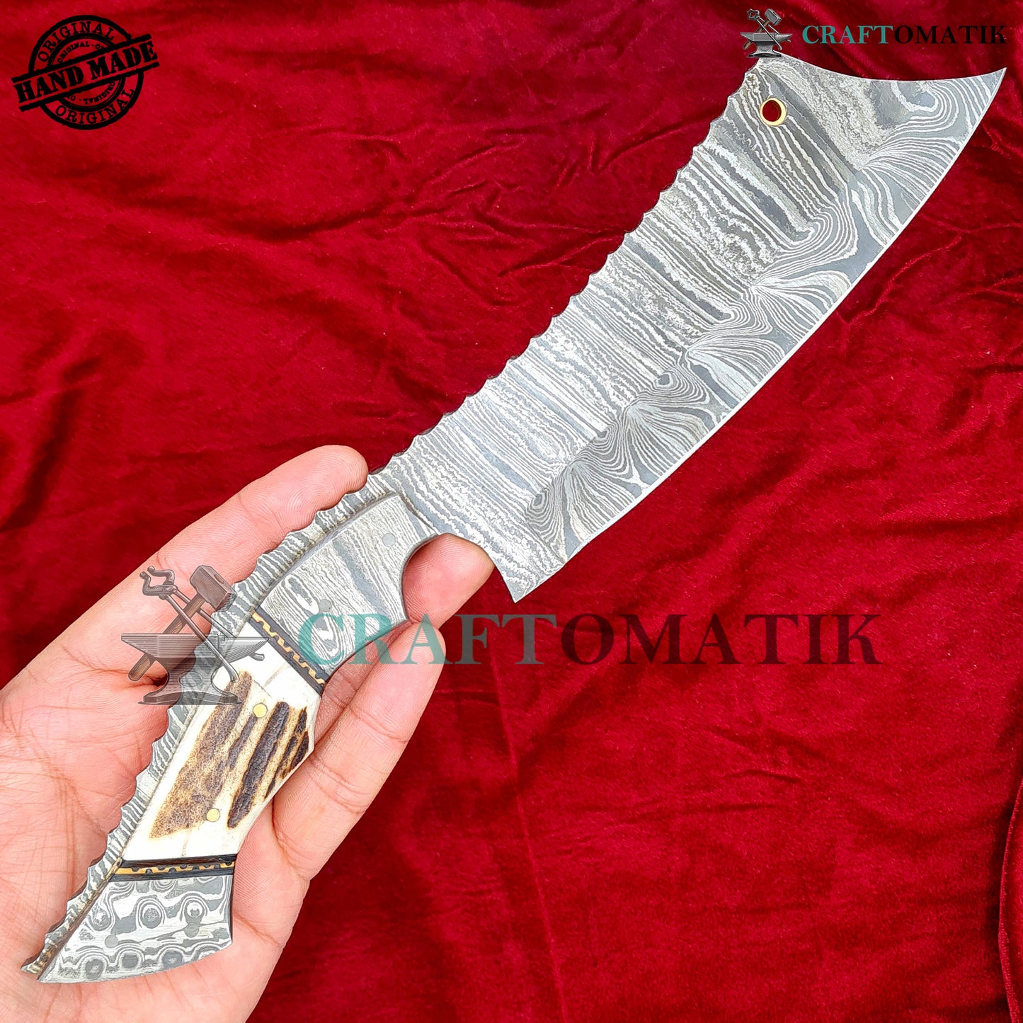 Damascus Steel Cleaver | Kitchen Chef Cleaver | Handmade Butcher Meat Cleaver | Deer Horn Grip | KC05