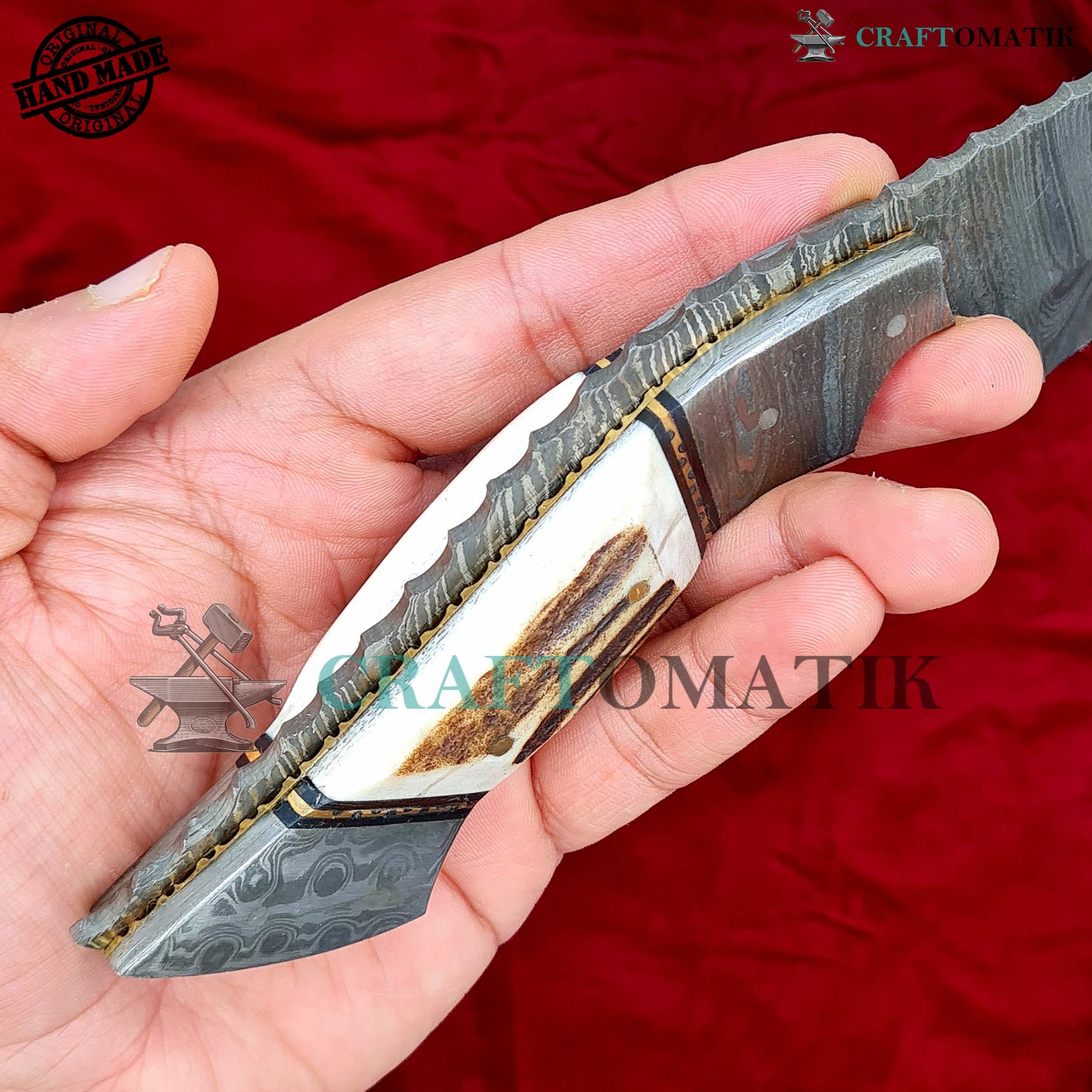 Damascus Steel Cleaver | Kitchen Chef Cleaver | Handmade Butcher Meat Cleaver | Deer Horn Grip | KC05