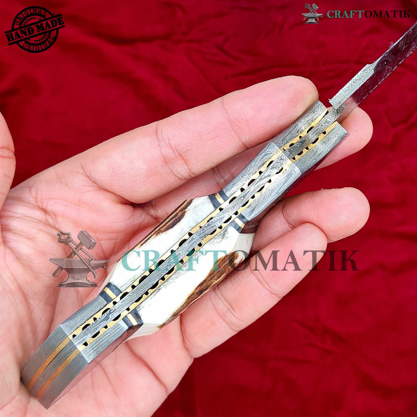 Damascus Steel Cleaver | Kitchen Chef Cleaver | Handmade Butcher Meat Cleaver | Deer Horn Grip | KC05