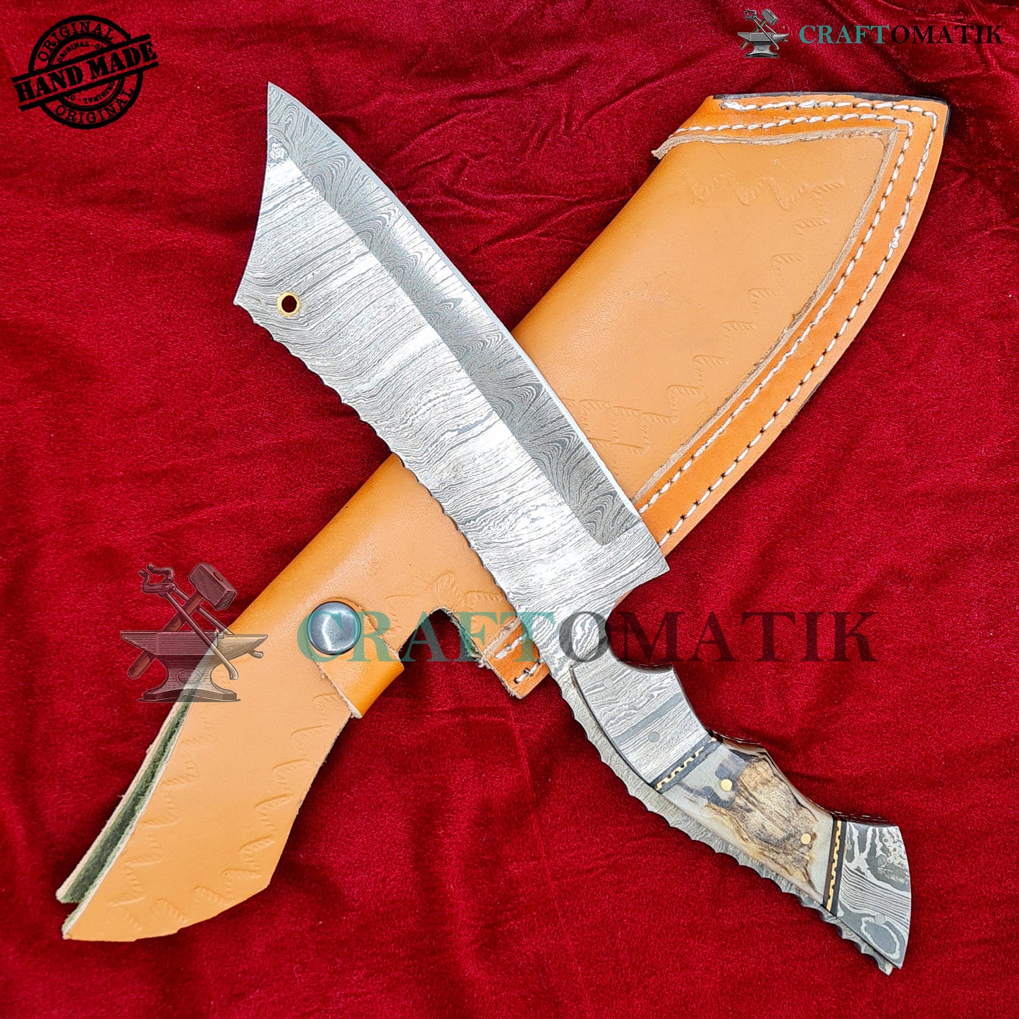 Damascus Steel Cleaver | Kitchen Chef Cleaver | Handmade Butcher Meat Cleaver | Ram Horn Grip | KC06