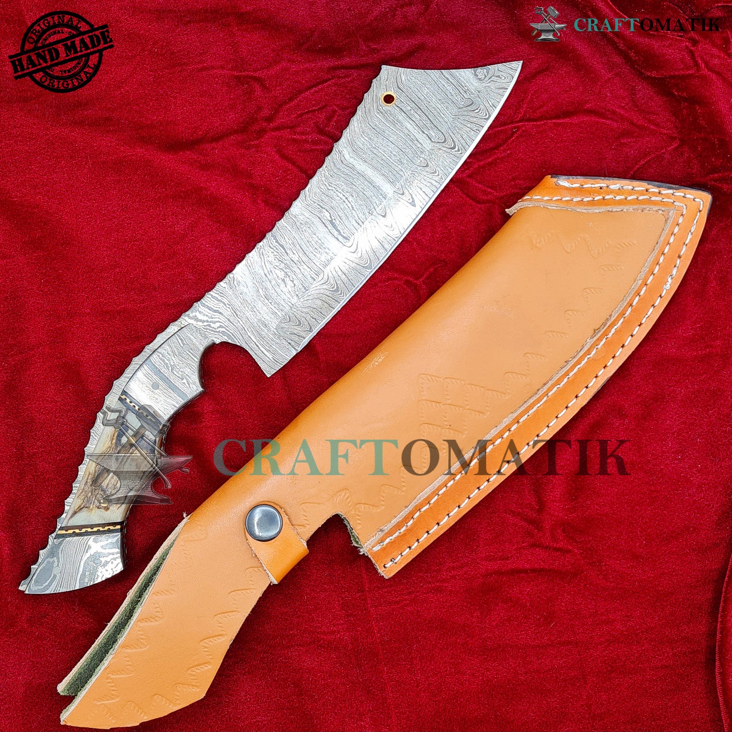 Damascus Steel Cleaver | Kitchen Chef Cleaver | Handmade Butcher Meat Cleaver | Ram Horn Grip | KC06