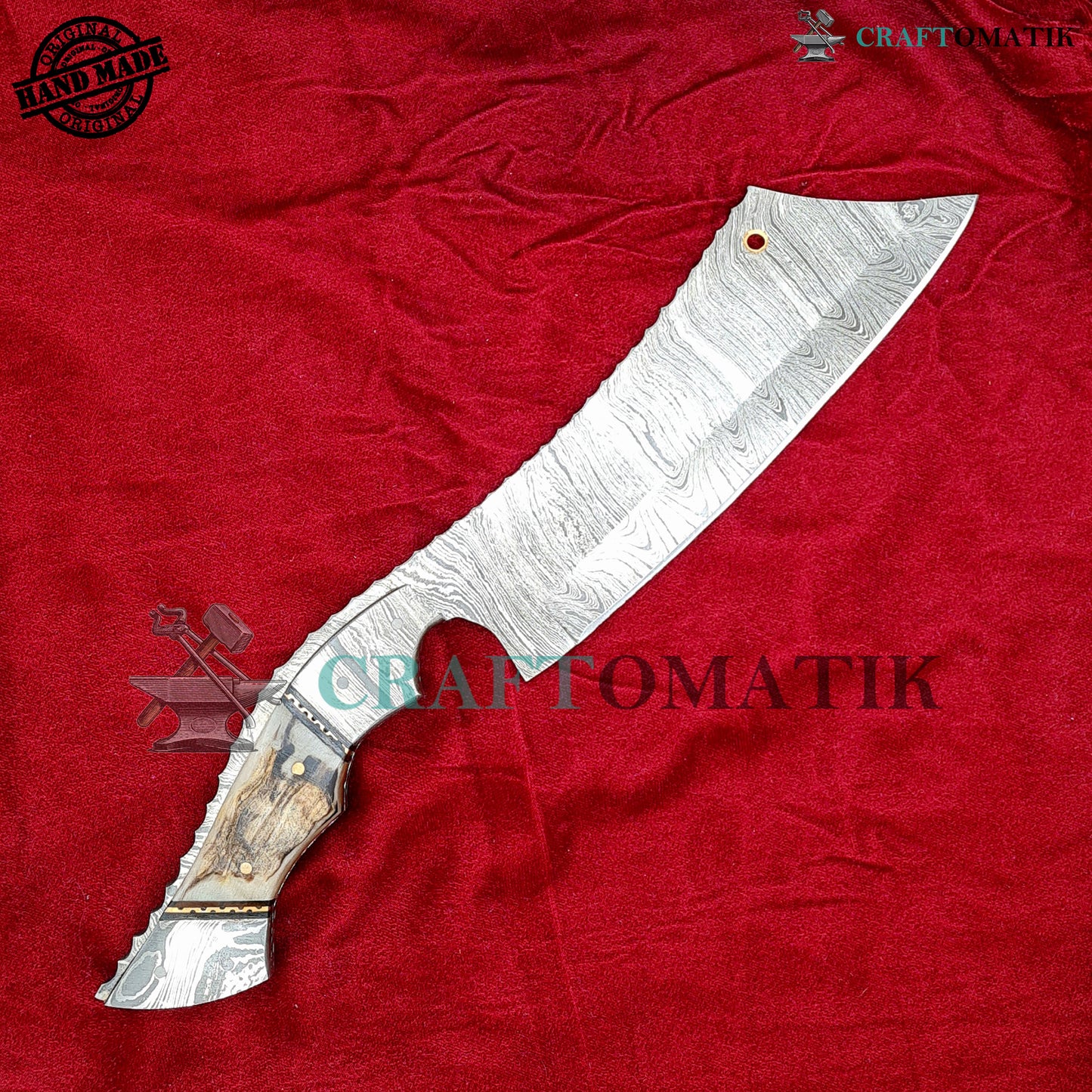 Damascus Steel Cleaver | Kitchen Chef Cleaver | Handmade Butcher Meat Cleaver | Ram Horn Grip | KC06