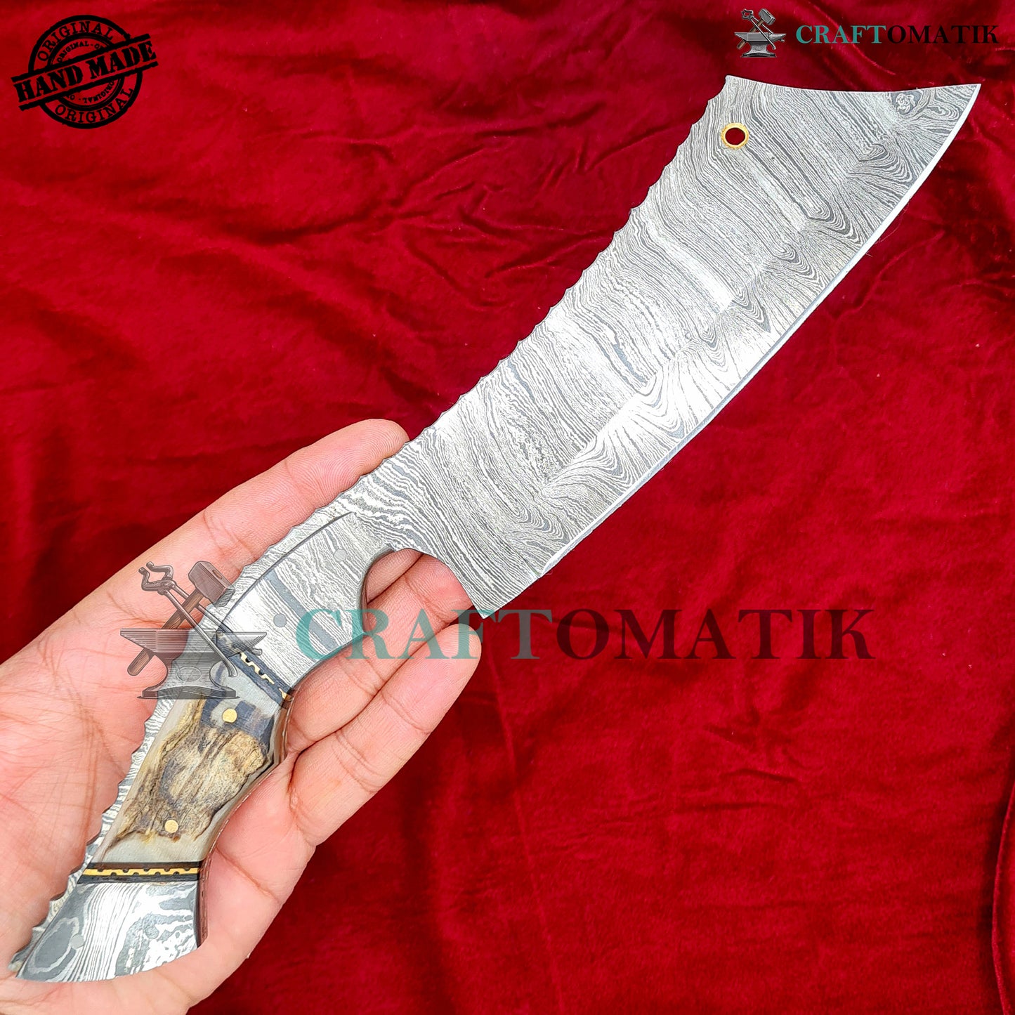 Damascus Steel Cleaver | Kitchen Chef Cleaver | Handmade Butcher Meat Cleaver | Ram Horn Grip | KC06