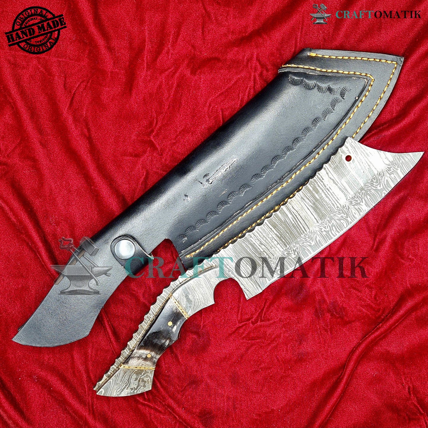 Damascus Steel Cleaver | Kitchen Chef Cleaver | Handmade Butcher Meat Cleaver | Buffalo Horn Grip | KC07
