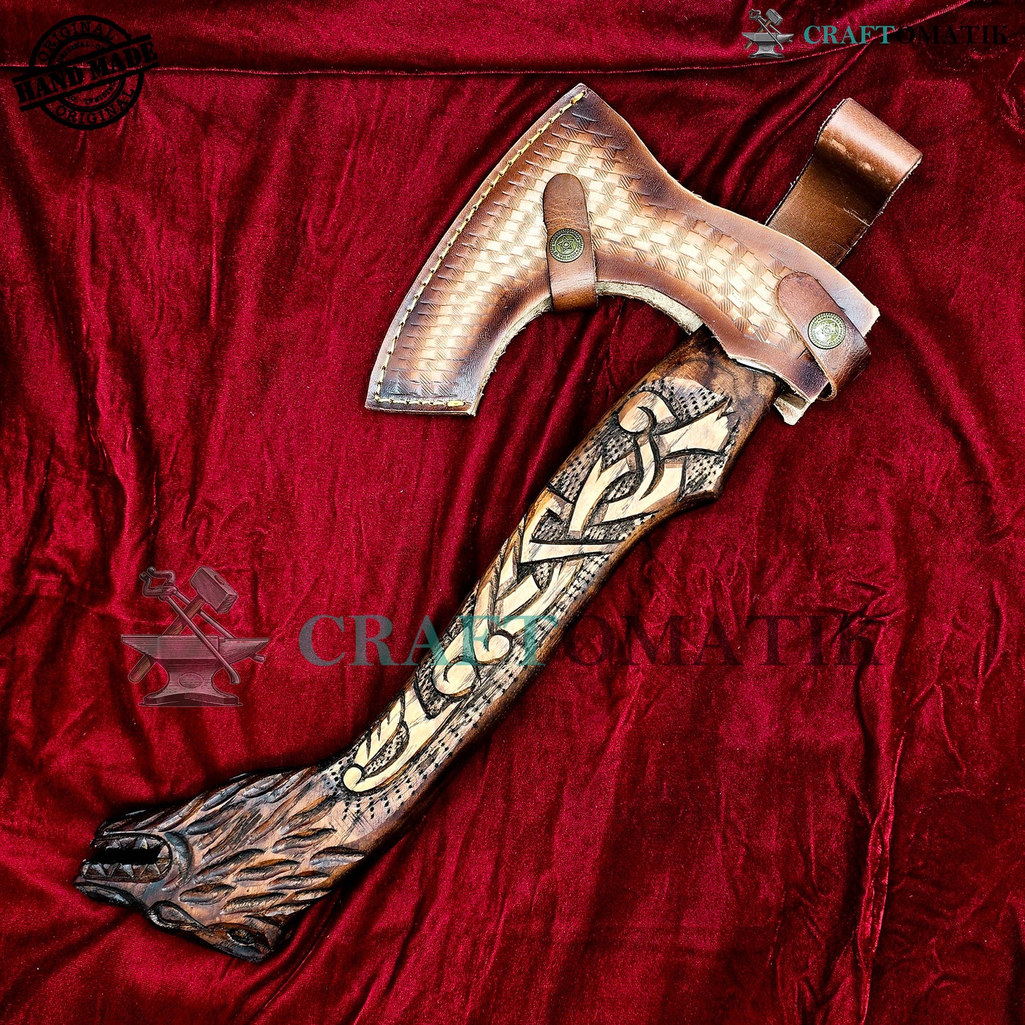 Viking Bearded Axe | Dragon Axe 40 cm / 16 inches| Garden and Outdoor Axe | 1045 High Carbon Steel blade | Dragon Engraved Wood Handle | Leather Sheath | Gift Axe | VAX01