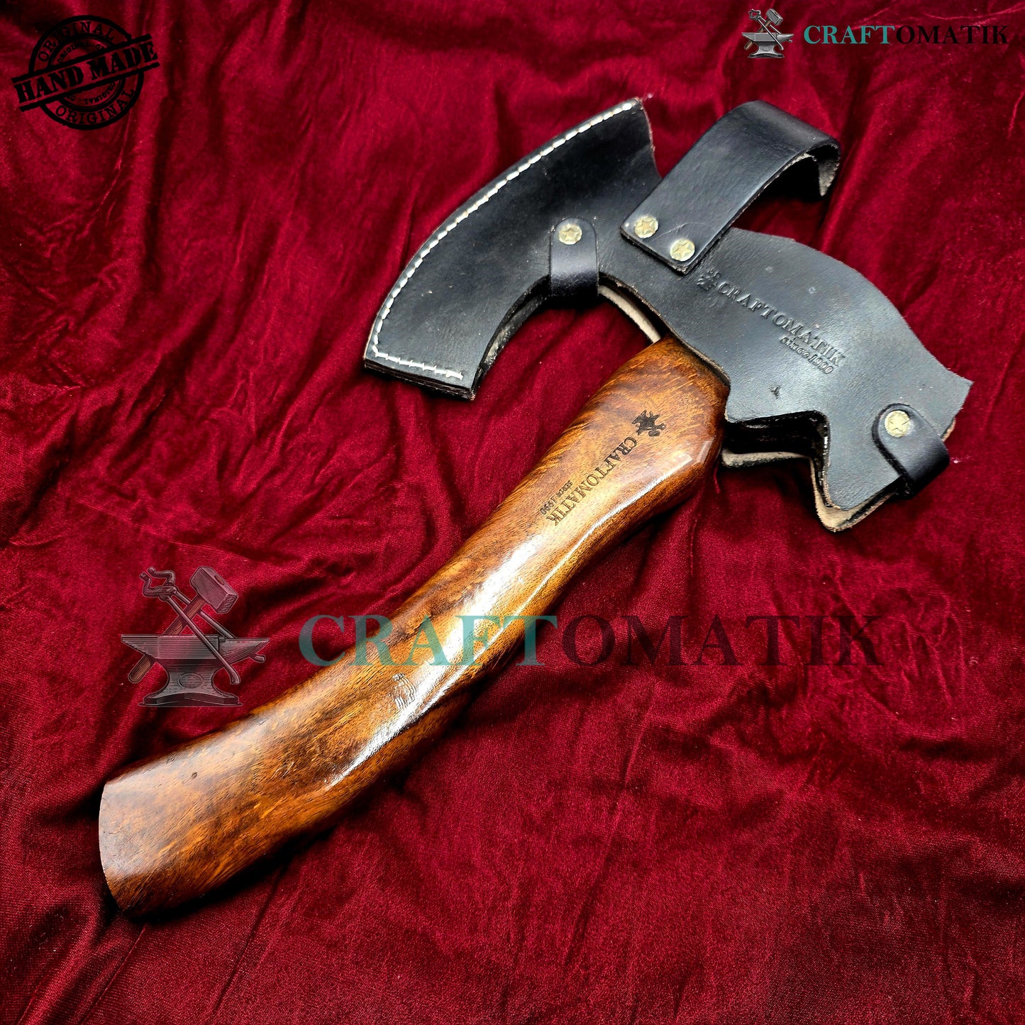 Viking Bearded Axe | Lion Axe 33 cm / 13 inches| Garden and Outdoor Axe | 1045 High Carbon Steel Lion blade | Dark Brown Wood Handle | Leather Sheath | Gift Axe | VAX02