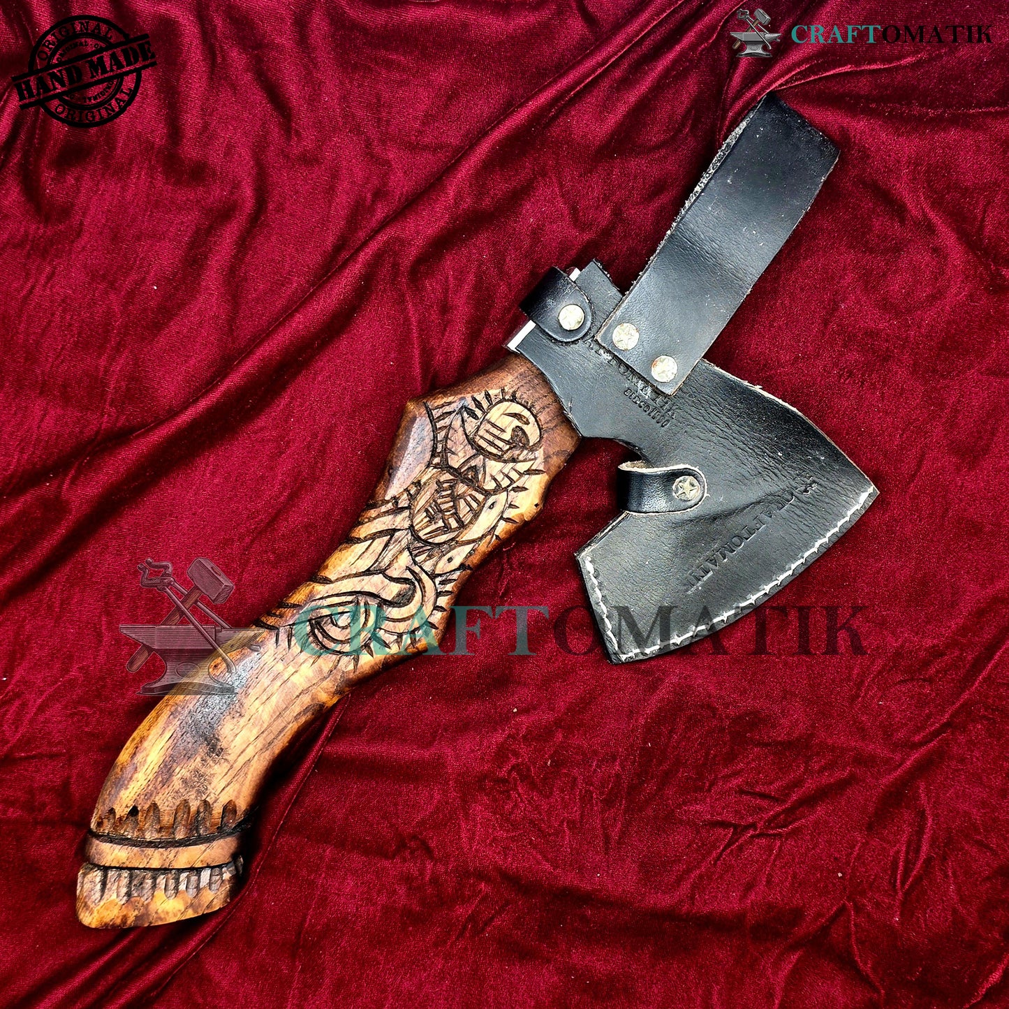 Viking Bearded Axe | Medieval Axe 30 cm / 12 inches| Garden and Outdoor Axe | 1045 High Carbon Steel | Dark Brown Wood Handle | Leather Sheath | Gift Axe | VAX05