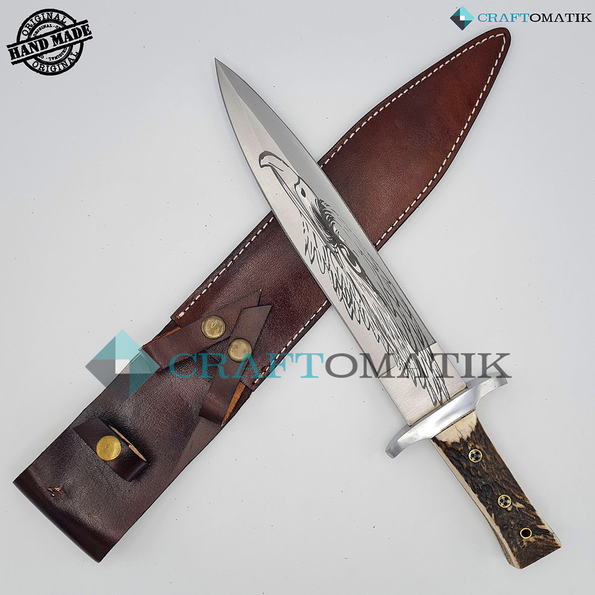 Boar Hunter Knife | Deer Horn | D2 Steel Custom Engraving