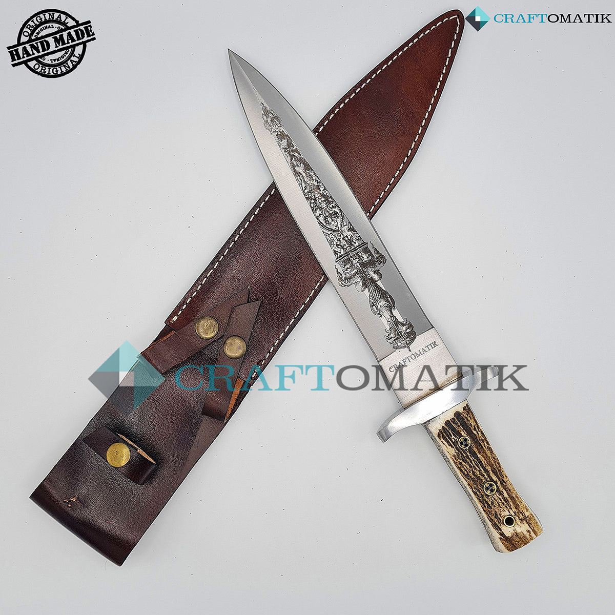 Boar Hunter Knife | Deer Horn | D2 Steel Custom Engraving