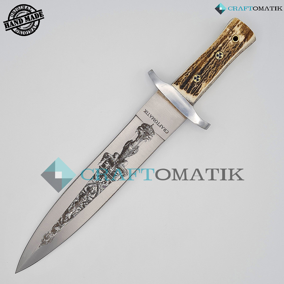 Boar Hunter Knife | Deer Horn | D2 Steel Custom Engraving