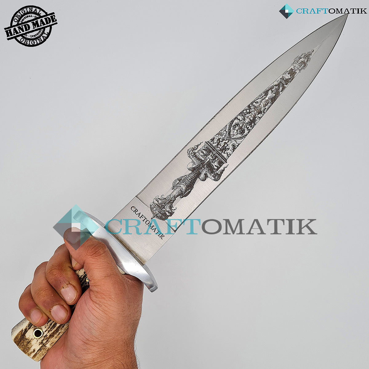 Boar Hunter Knife | Deer Horn | D2 Steel Custom Engraving